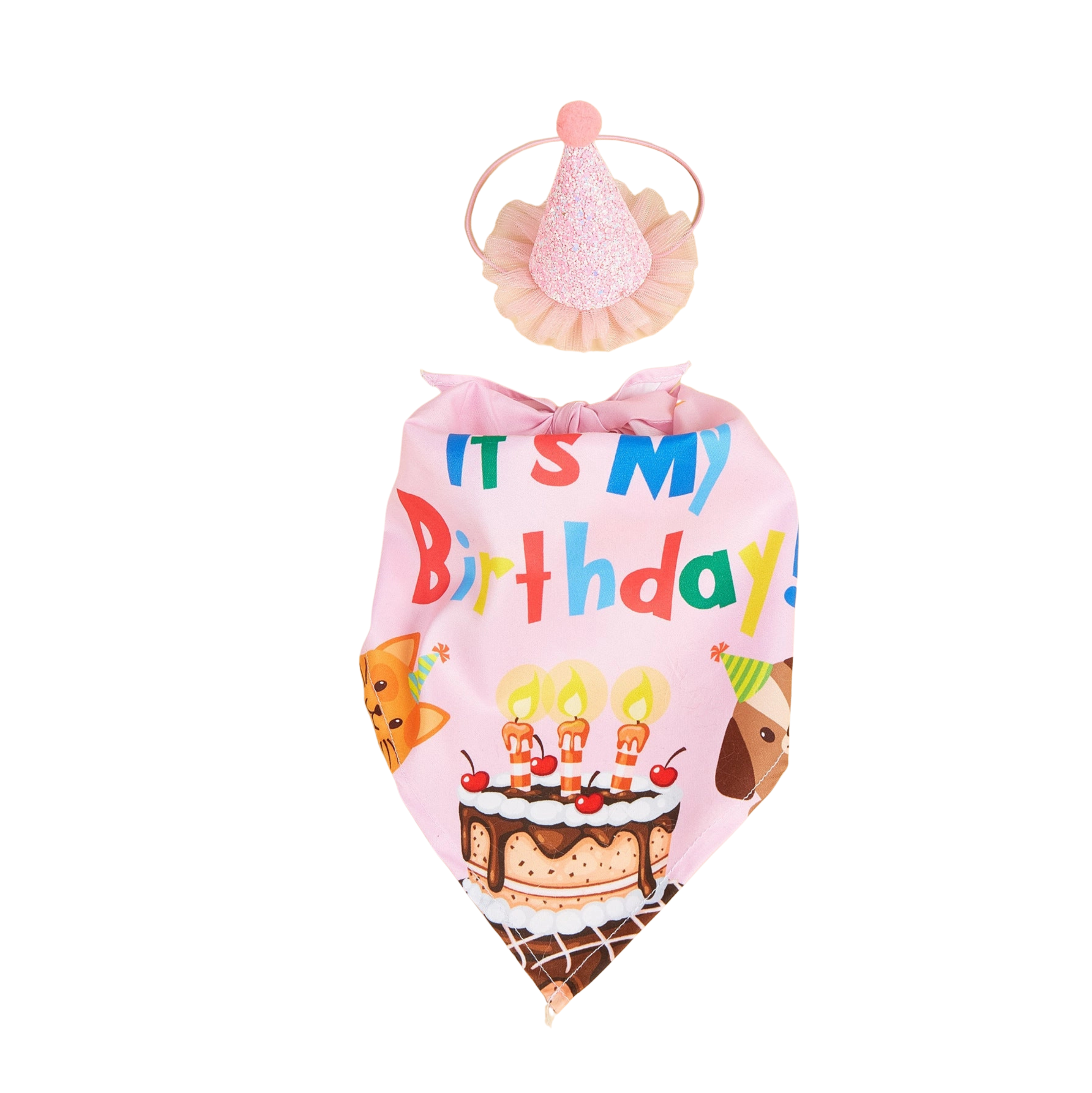 Little Trendy Pink Glitter Pet Party Hat & It's My Birthday Pet Bandana