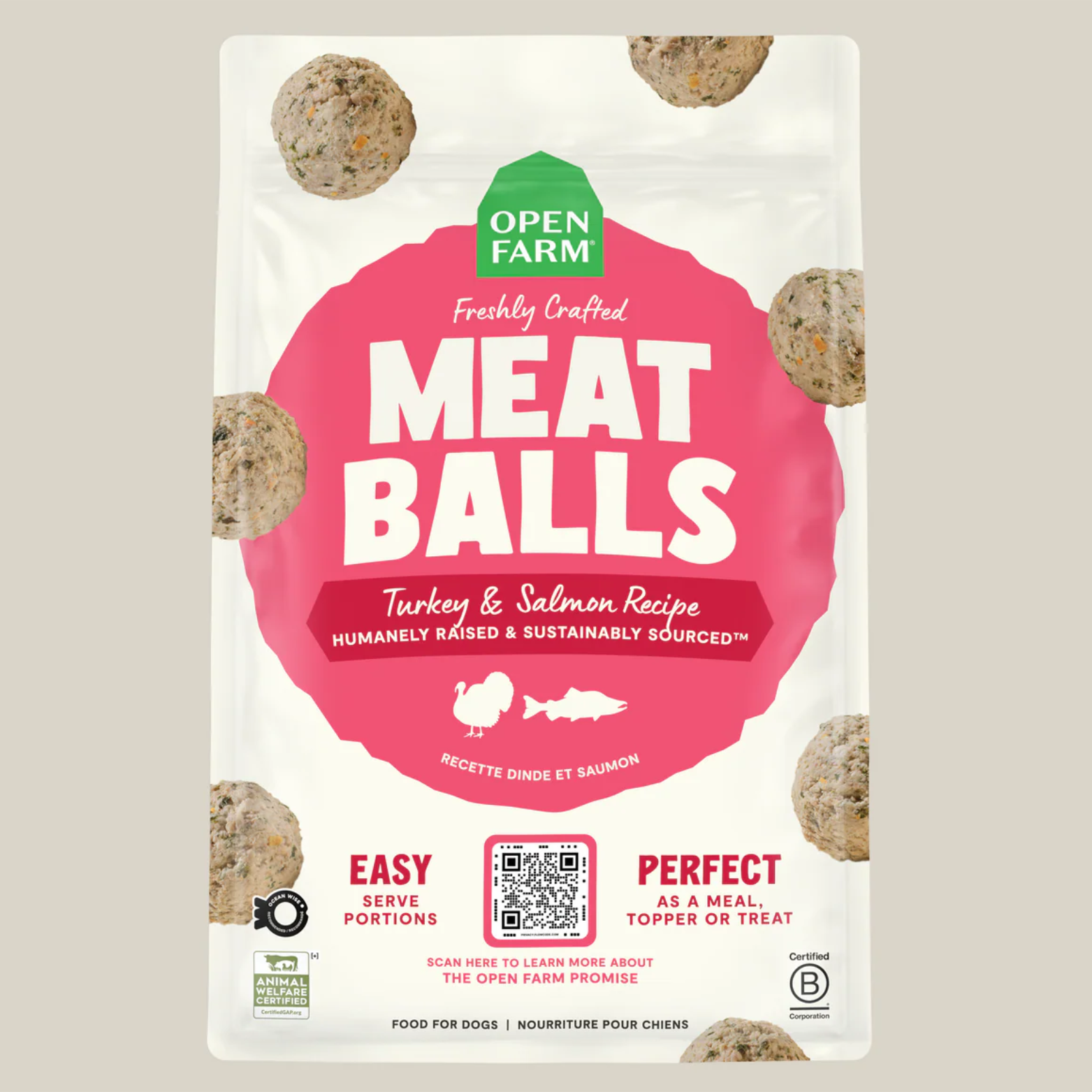 Package of Open Farm meatballs for dogs with a pink label on a beige background