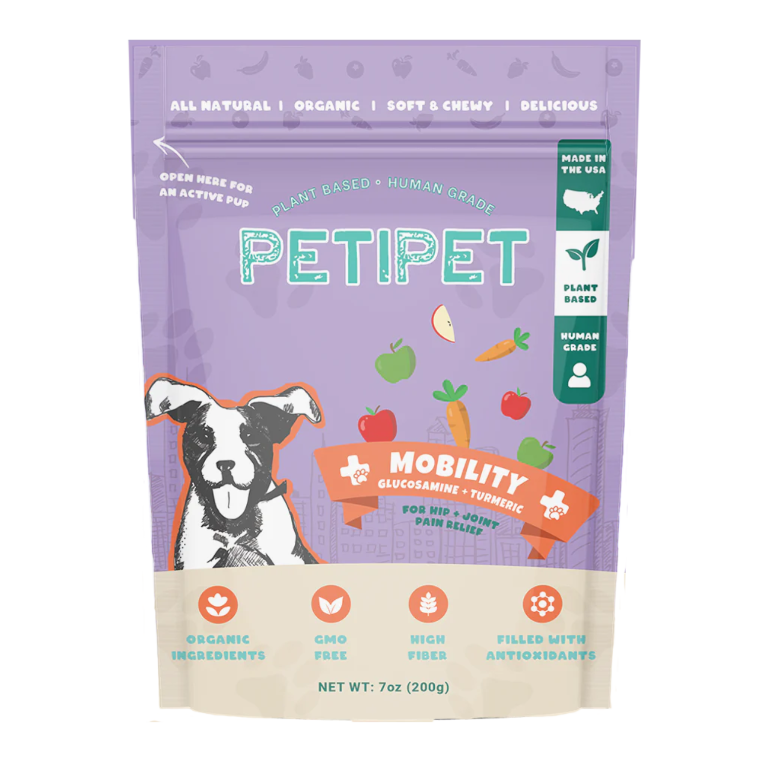 Petipet Mobility Bites with Glucosamine + Turmeric Apple & Carrot Flavored Soft Chew Hip & Joint Supplement for Dogs, 7-oz bag