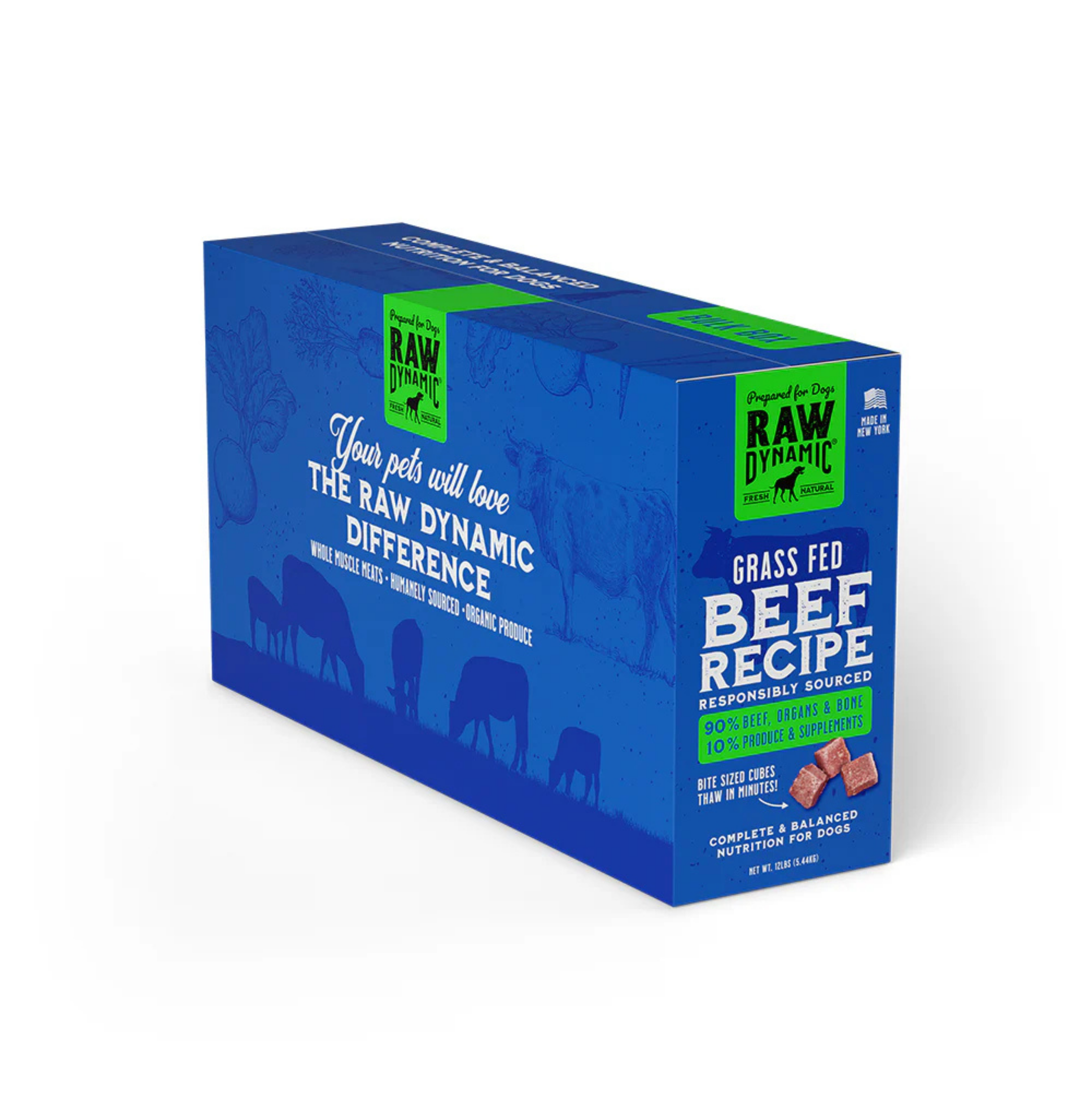 Blue box of Raw Dynamic grass-fed beef recipe pet food on a white background