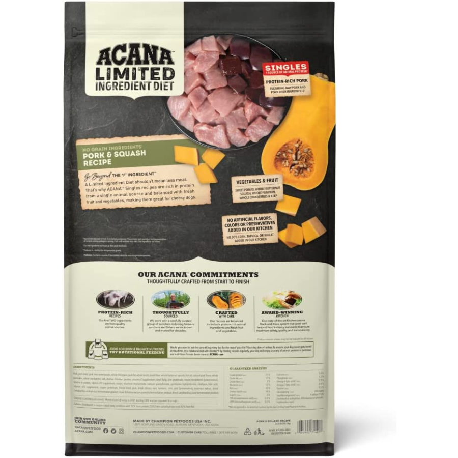 Back of ACANA Limited Ingredient Diet Pork & Squash bag showing ingredient highlights, raw pork imagery, squash pieces, brand commitments, and detailed nutrition and feeding information near the bottom.