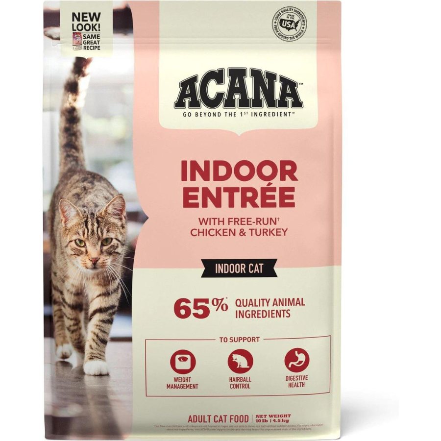Front of the ACANA Indoor Entrée dry cat food bag featuring a tabby cat, product name “Indoor Entrée with free-run chicken & turkey,” “65% quality animal ingredients,” and icons for weight management, hairball control, and digestive health.