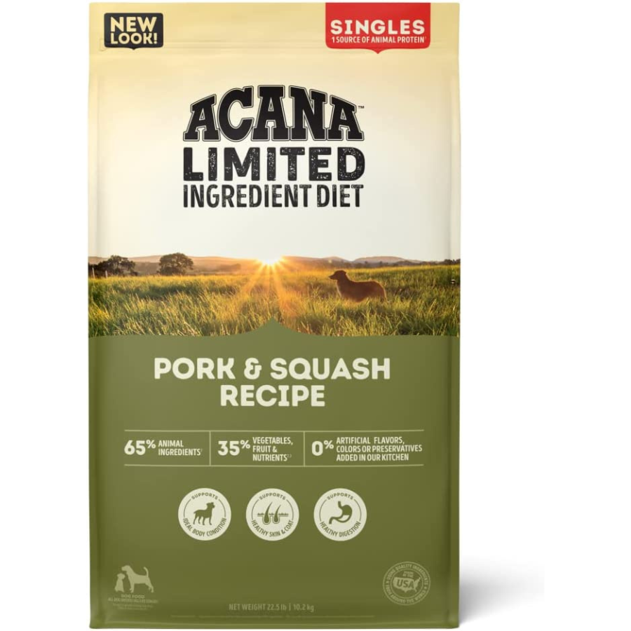 Front of ACANA Limited Ingredient Diet Pork & Squash Recipe bag featuring a dog silhouette in a grassy field at sunset, green packaging, and text stating 65% animal ingredients, 35% vegetables, fruit, and nutrients, and 0% artificial flavors, colors, or preservatives.