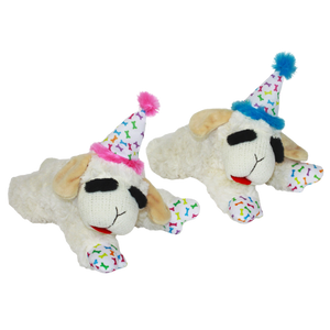 Multipet Lamb Chop with Birhday Hat Assorted Colors Pink/Blue Dog Toy 10.5" - Mutts & Co.
