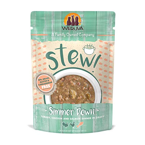 Weruva Stew! Simmer Down Turkey, Chicken & Salmon Dinner in Gravy Wet Cat Food Pouches 3oz - Mutts & Co.
