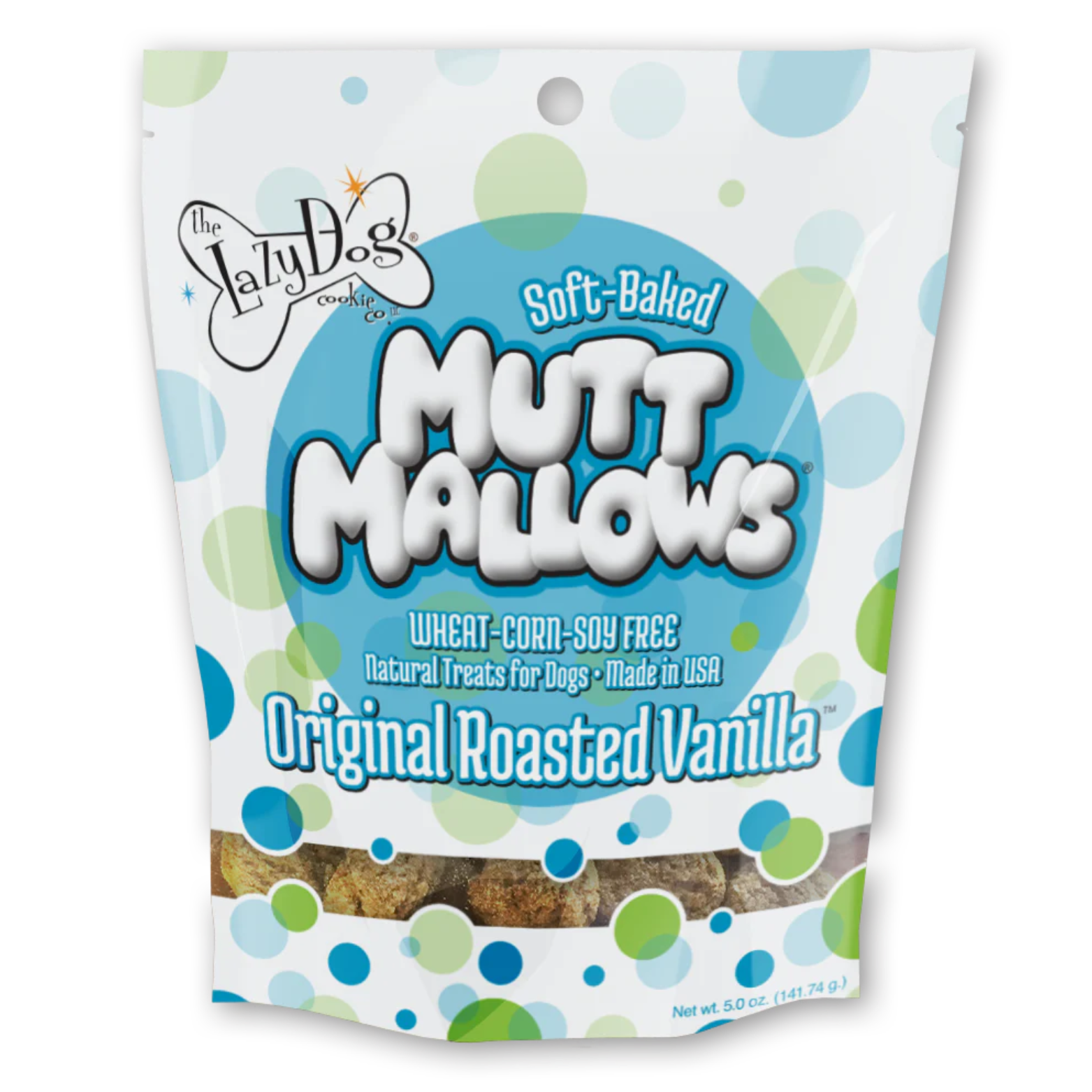 Front view of The Lazy Dog Cookie Company Soft-Baked Mutt Mallows dog treats, Original Roasted Vanilla flavor, in a white bag with blue and green dots.