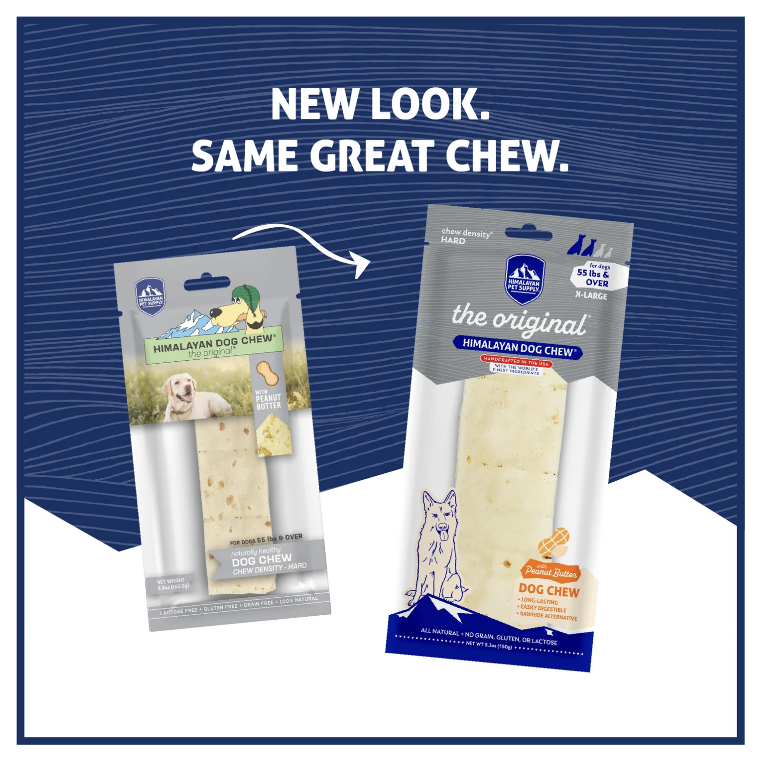 Comparison graphic showing old and new packaging for the extra-large Himalayan Dog Chew. The older gray package appears on the left, and the updated gray design appears on the right beneath the text “New look. Same great chew.”