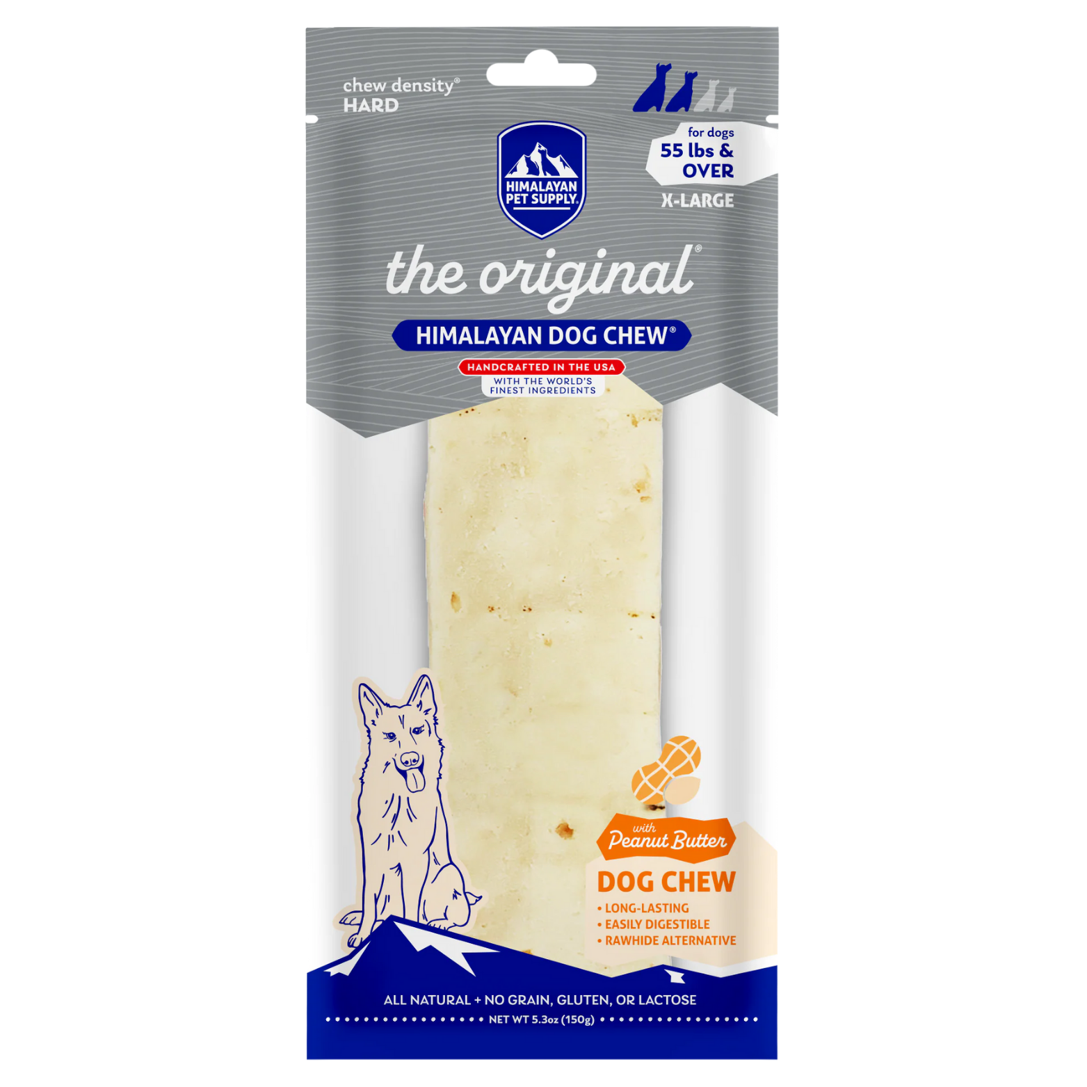 Front of Himalayan Pet Supply “The Original Himalayan Dog Chew” with peanut butter for extra-large dogs (55 lbs and over). Gray packaging displays an extra-large cheese chew, hard chew density label, peanut butter icon, and all-natural, easily digestible claims.