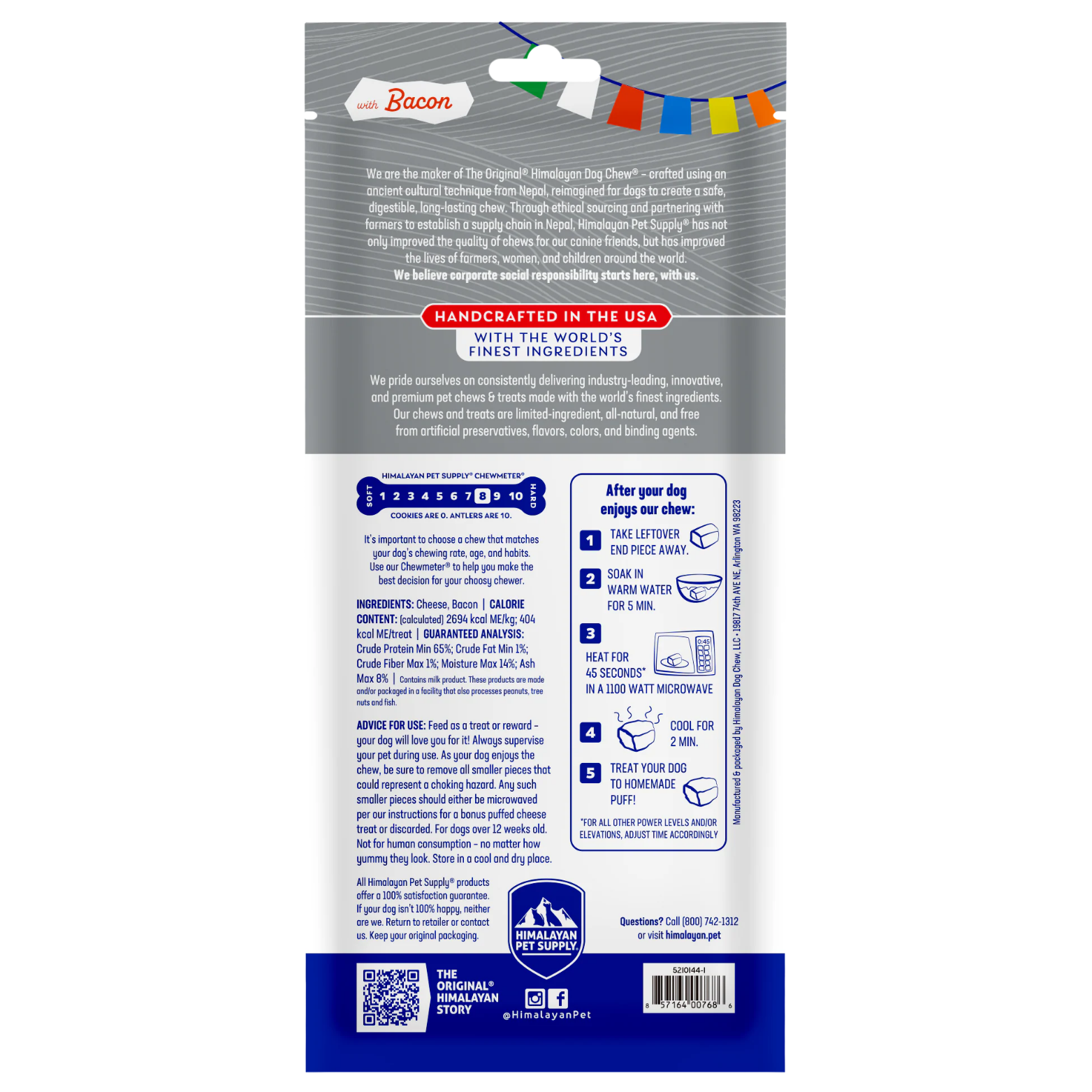 Back of the extra-large Himalayan Dog Chew with bacon package. Displays brand story, handcrafted in the USA message, ingredient list, guaranteed analysis, chew density scale, feeding and safety instructions, and steps for making a puffed cheese treat.