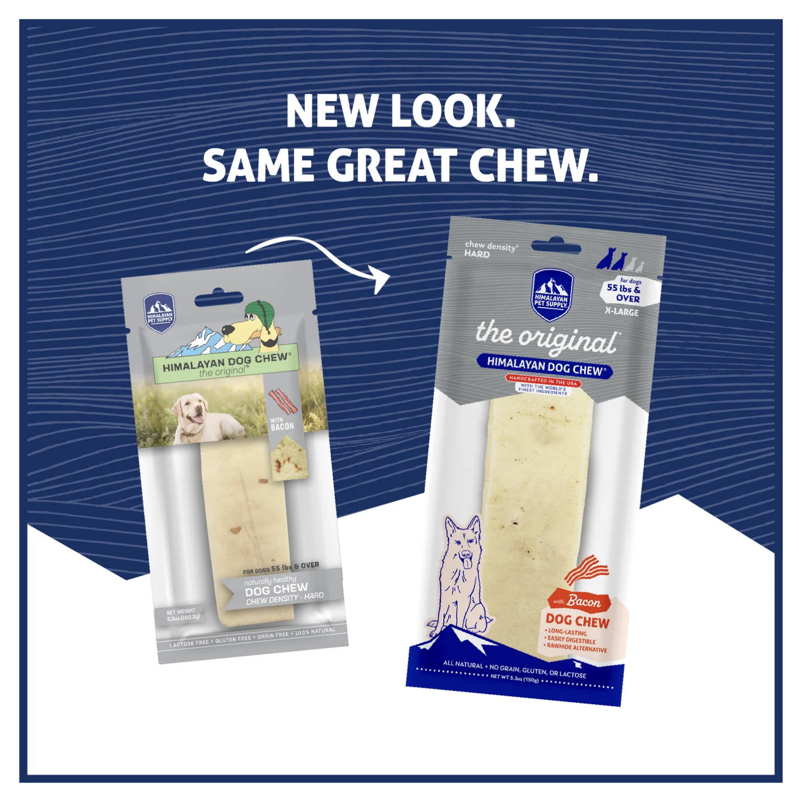 Comparison graphic showing old and new packaging for the X-Large Himalayan Dog Chew with bacon flavor. The older gray package appears on the left, and the updated gray design appears on the right beneath the text “New look. Same great chew.”