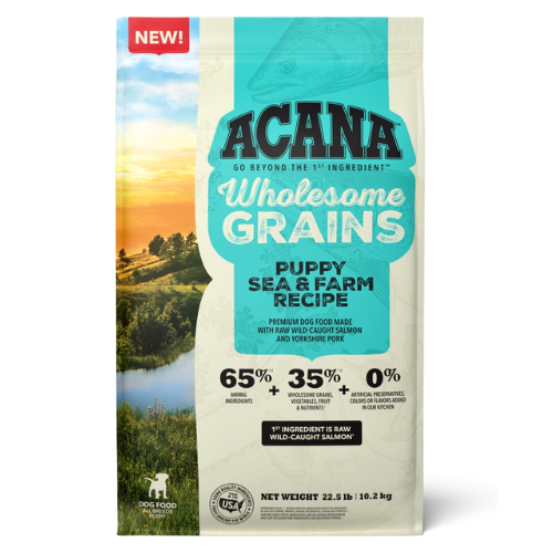 Bag of ACANA Wholesome Grains Puppy Sea & Farm Recipe dog food labeled as made with raw wild-caught salmon and Yorkie pork, featuring 65% animal ingredients, 35% wholesome grains, and 0% artificial preservatives, with a landscape image and a ‘New!’ badge at the top.
