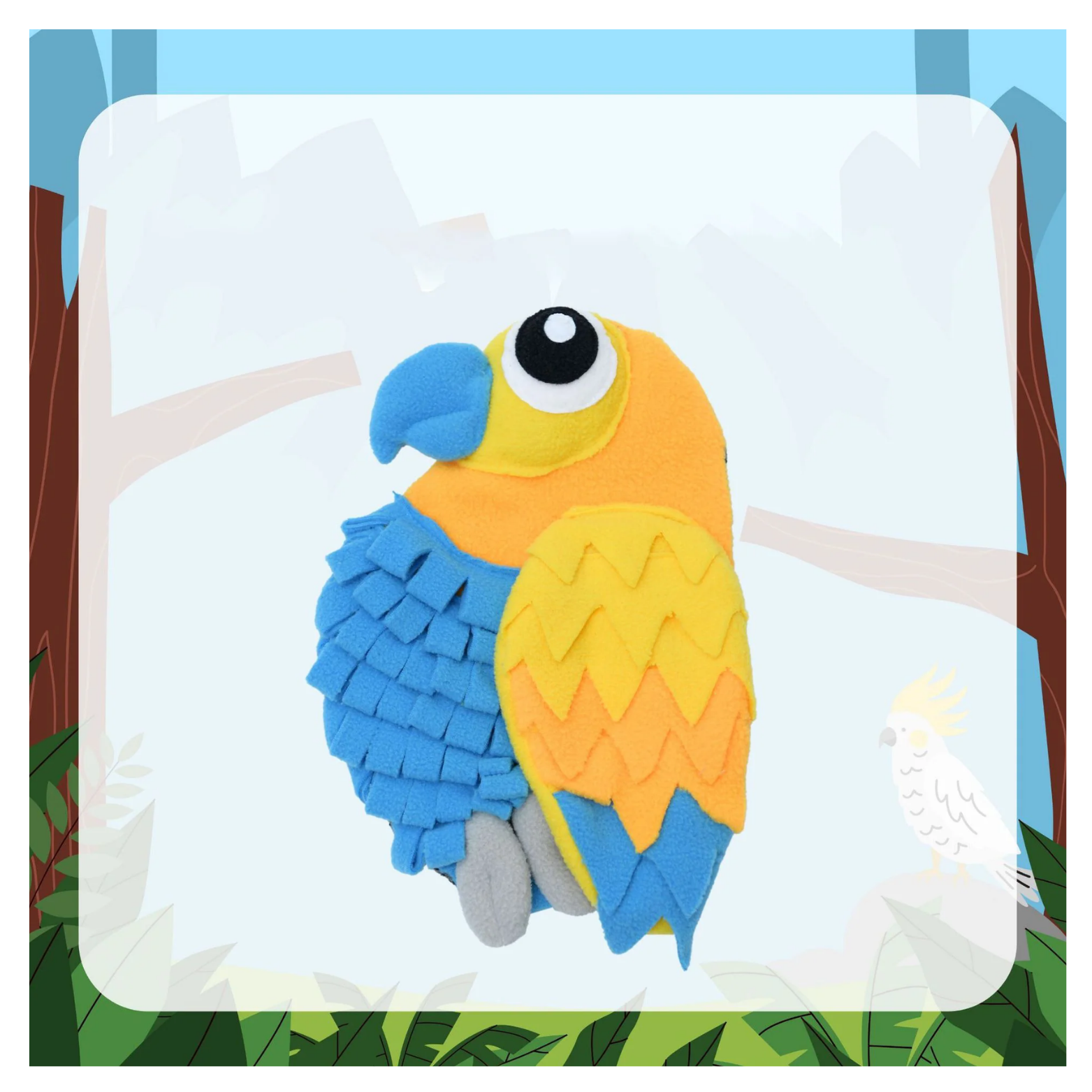 Yellow and blue parrot-shaped snuffle feeding mat for dogs and cats made from soft fleece strips, featuring a bright yellow head and wing, blue layered body feathers, a blue beak, large cartoon eye, and gray feet, displayed against a jungle-themed background.