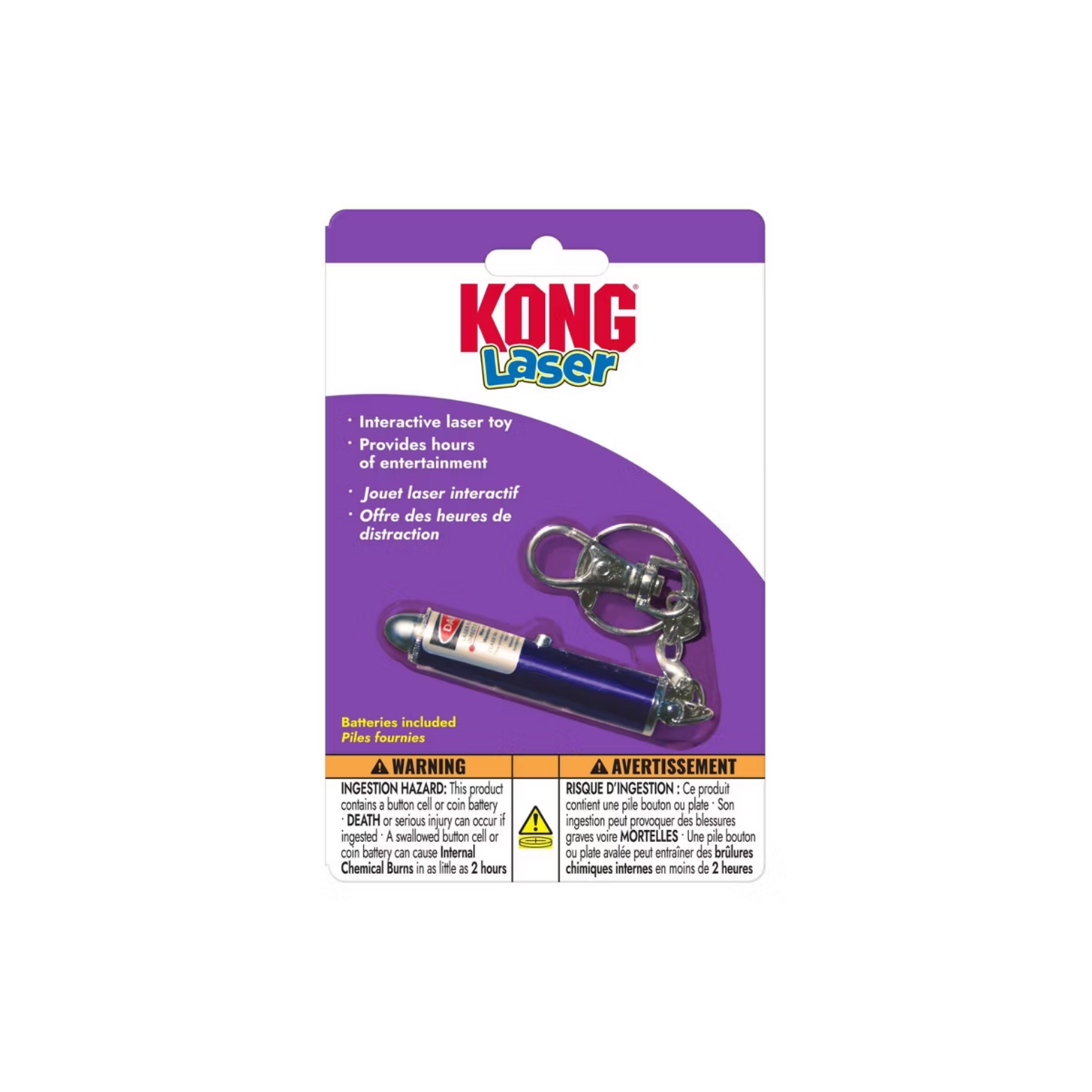 Front of KONG Laser cat toy packaging. Shows a small blue laser pointer with keychain clip on purple-and-white backing, labeled as an interactive laser toy with batteries included and safety warnings.
