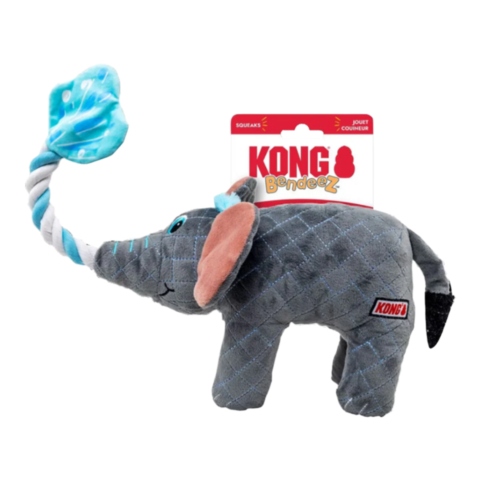 Gray plush elephant dog toy with stitched quilted fabric, floppy pink ears, and a long rope trunk ending in a blue fabric knot, shown on a white background with KONG Bendeez packaging attached.