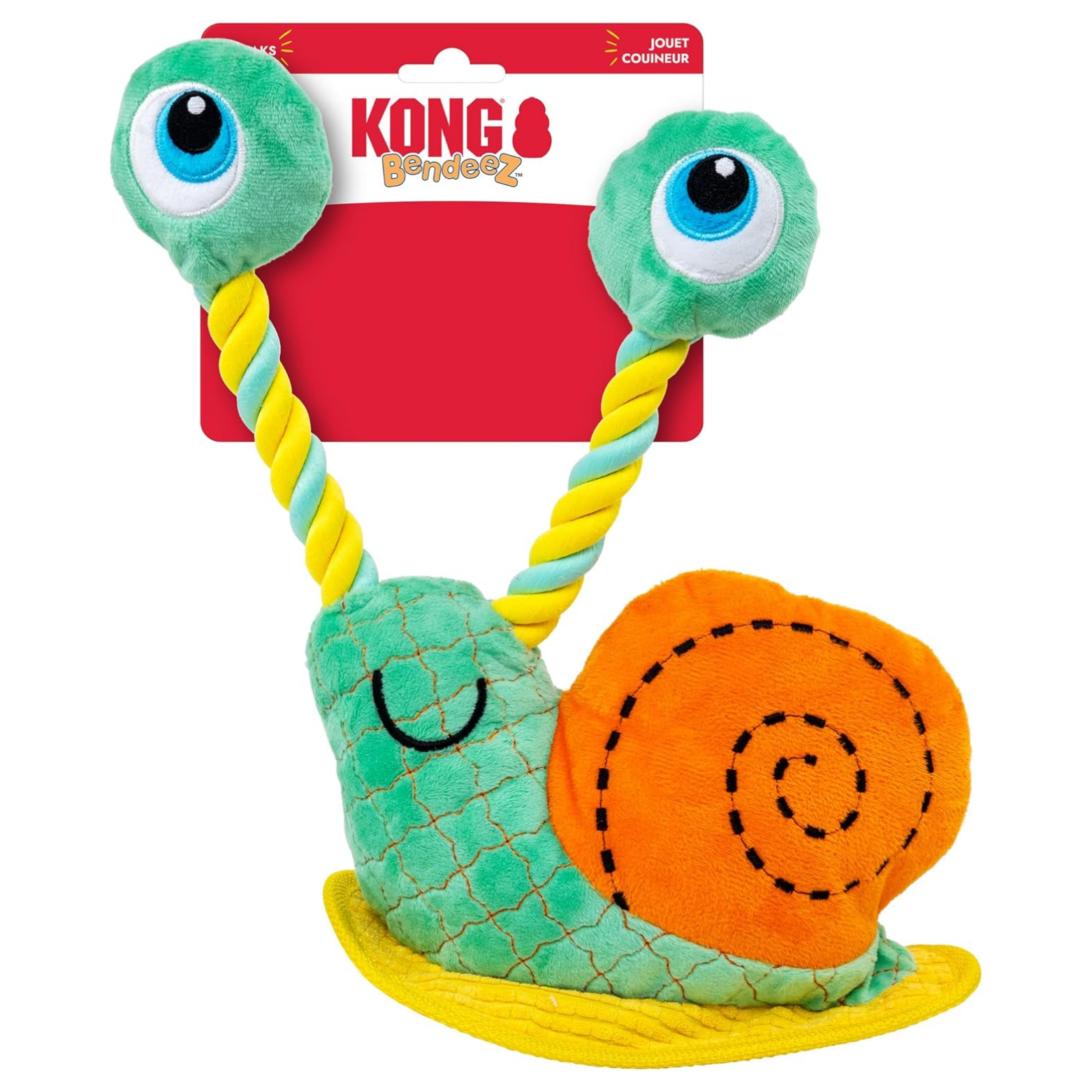 Green KONG Bendeez snail dog toy attached to red KONG packaging, featuring a soft teal body, orange spiral shell, yellow base, and two flexible rope eyestalks with large cartoon eyes.
