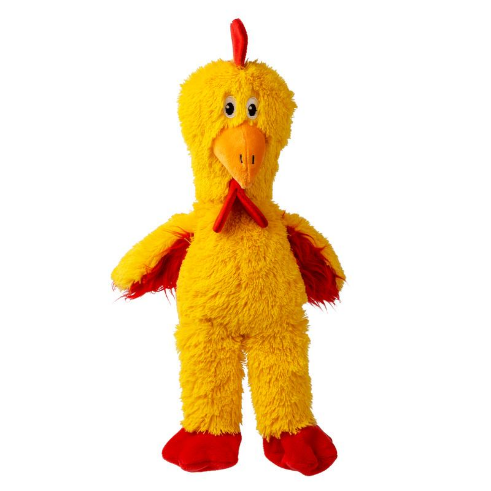Yellow plush chicken dog toy with long legs and wings, red feet, red wing accents, an orange beak, and a small red comb on top of the head, standing upright on a white background.