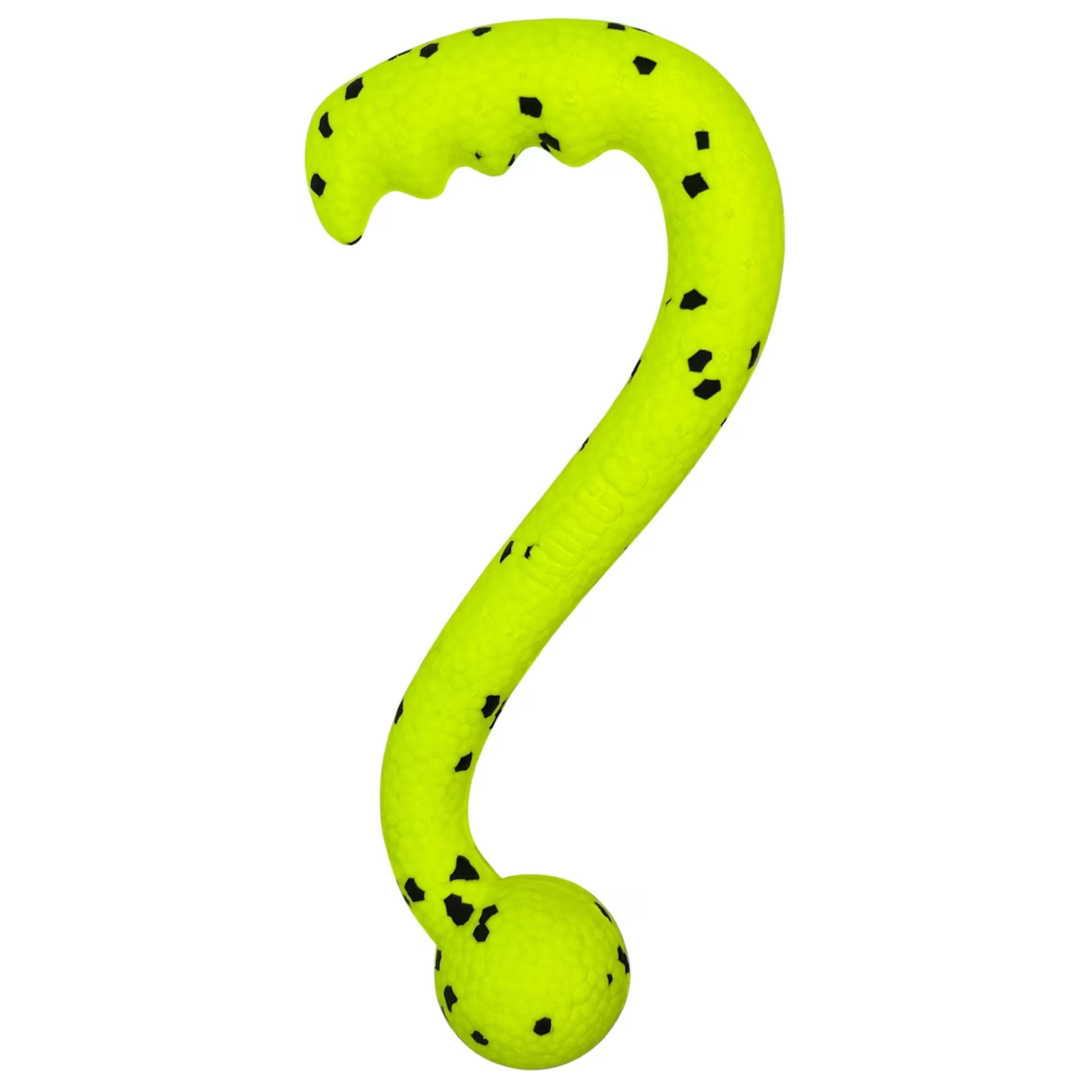 KONG Reflex Tug ’N Fetch dog toy shown on a white background. Bright neon yellow flexible tug toy with a curved question-mark shape, textured surface, black speckled pattern, and a rounded ball at one end.