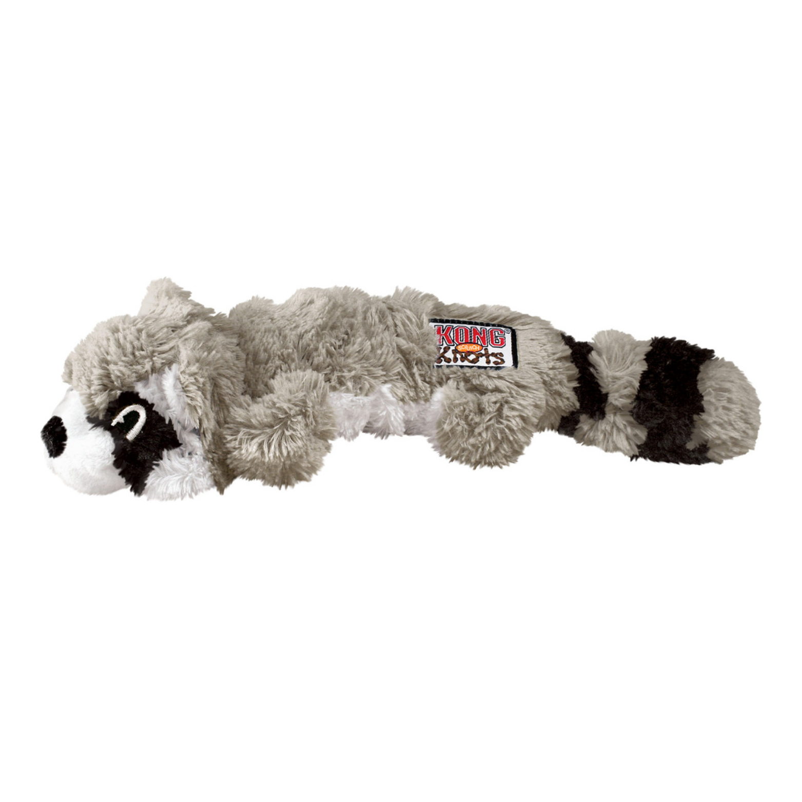 Gray plush raccoon dog toy lying flat on its belly, with a white face mask, black eye markings, and a striped tail.