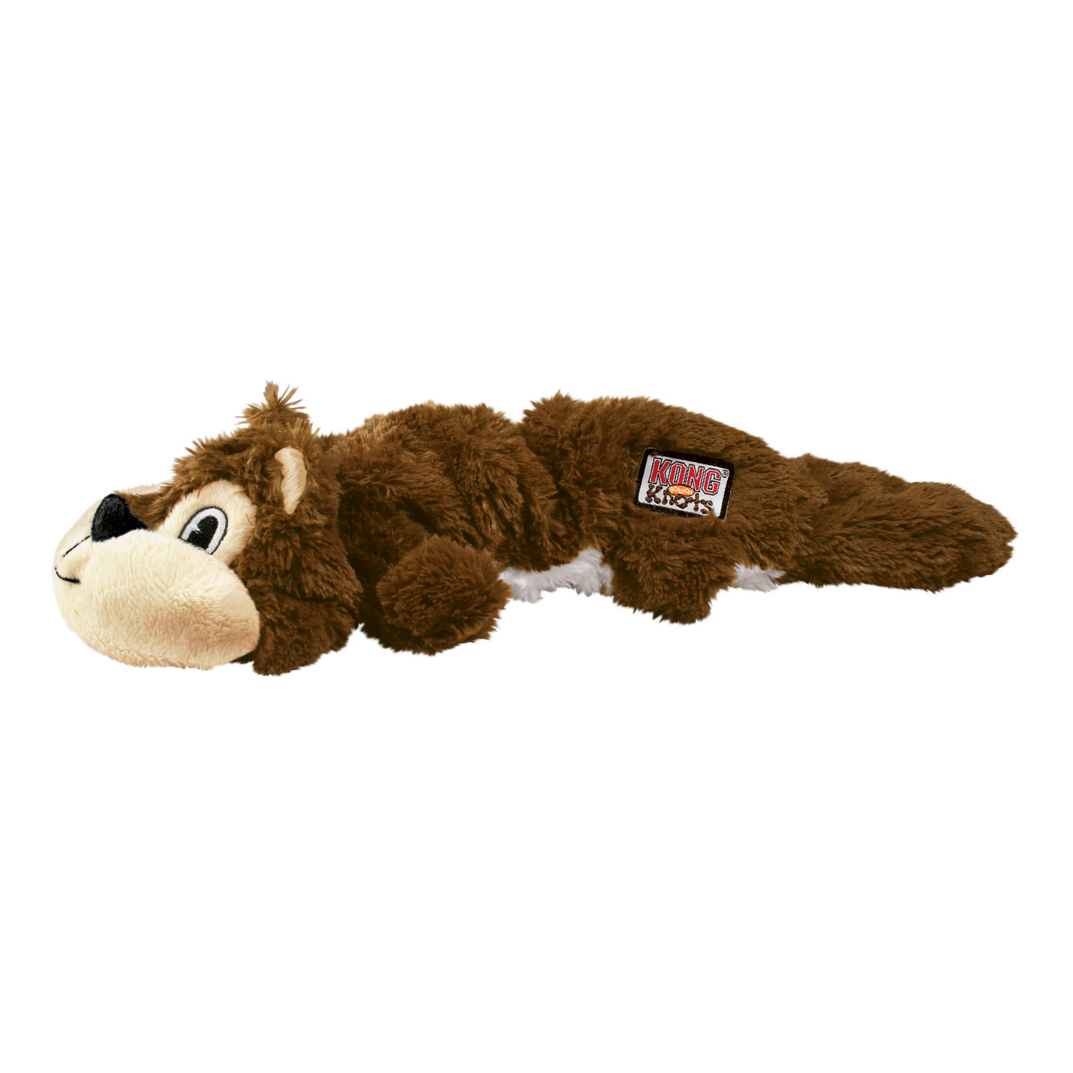 Brown plush squirrel dog toy lying flat on a white background, featuring a soft fuzzy body, long tail, and a stitched face with large eyes and a cream-colored snout.