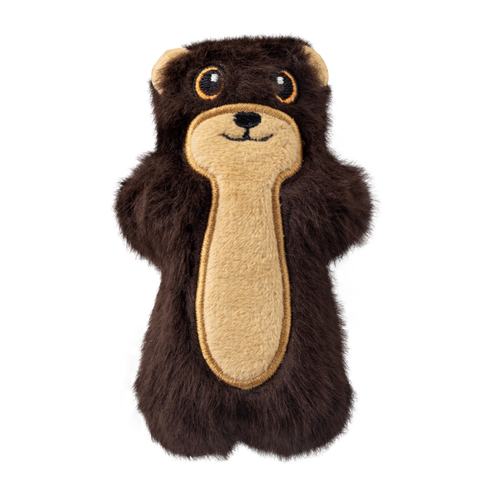 Brown plush KONG Snuzzles Mini Otter dog toy shown from the front, with a light tan face and belly, small rounded ears, and embroidered eyes.