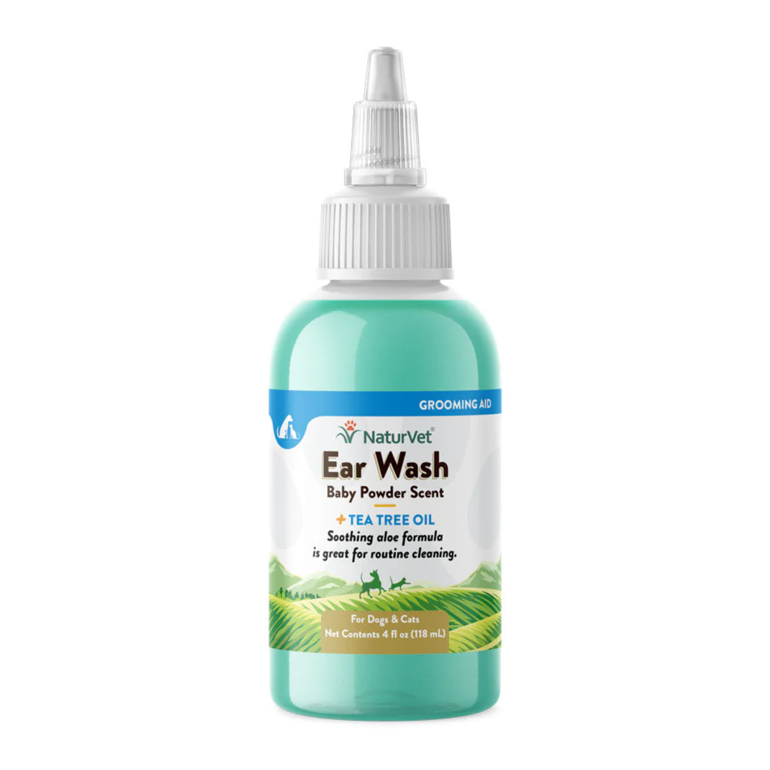 NaturVet Ear Wash Baby Powder Scent bottle with a pointed applicator tip, featuring tea tree oil and soothing aloe formula for routine ear cleaning in dogs and cats.