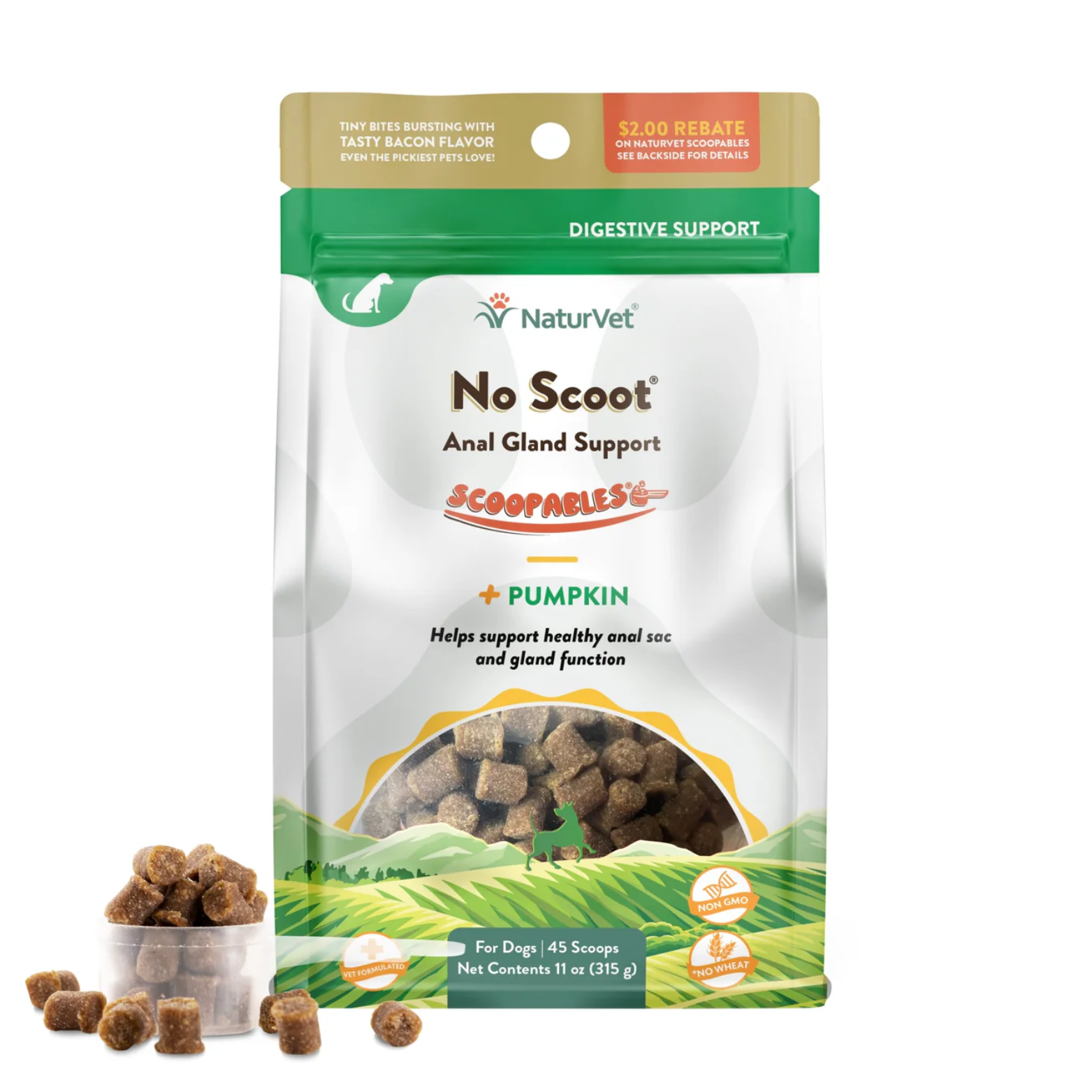 Front view of a NaturVet No Scoot Anal Gland Support Scoopables pouch for dogs, labeled “Digestive Support,” with pumpkin, showing brown soft chew pieces and a scoop in front.