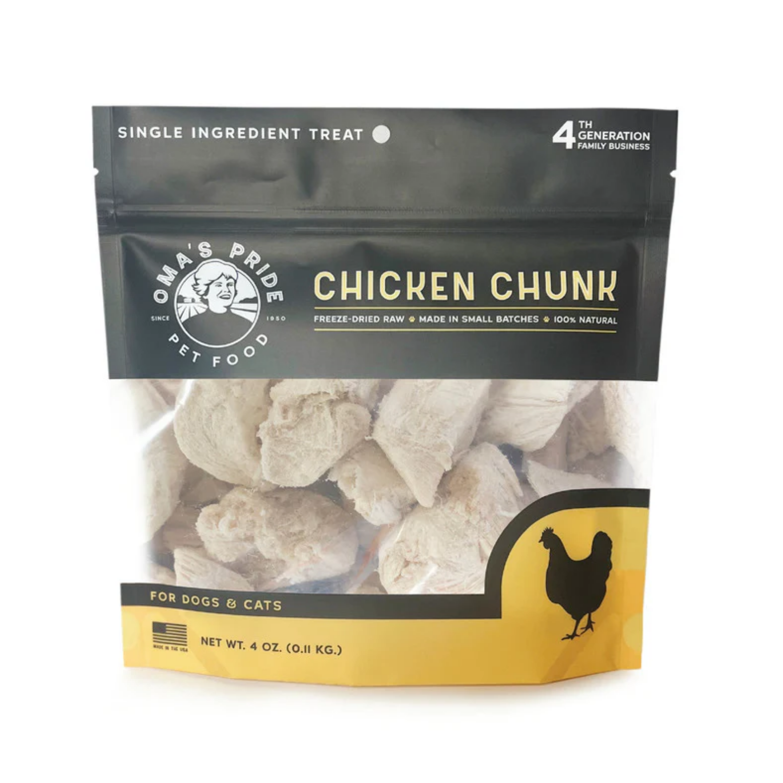 A bag of Oma’s Pride Chicken Chunk freeze-dried raw pet treats for dogs and cats, showing chicken pieces through a clear window on the packaging.