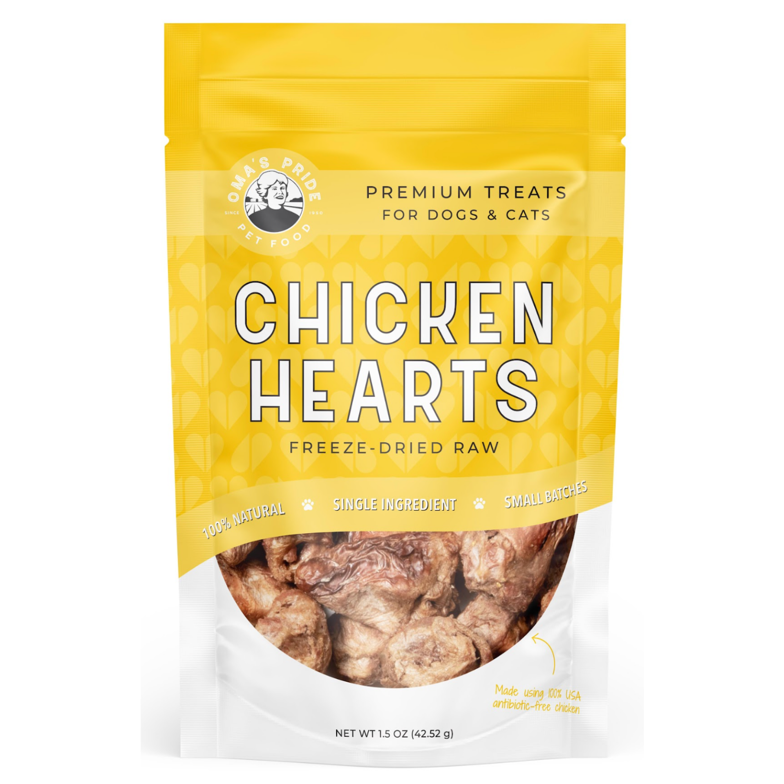 Yellow and white resealable pouch labeled “Oma’s Pride Pet Food Chicken Hearts Freeze-Dried Raw,” showing a clear window with brown freeze-dried chicken heart pieces inside; text notes 100% natural, single ingredient, small batches, and net weight 1.5 oz.