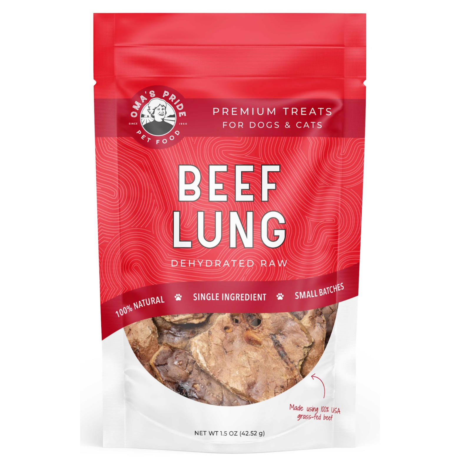 Red and white resealable pouch labeled “Oma’s Pride Pet Food Beef Lung Dehydrated Raw,” featuring a clear window with sliced beef lung treats inside; marked 100% natural, single ingredient, small batches, net weight 1.5 oz.