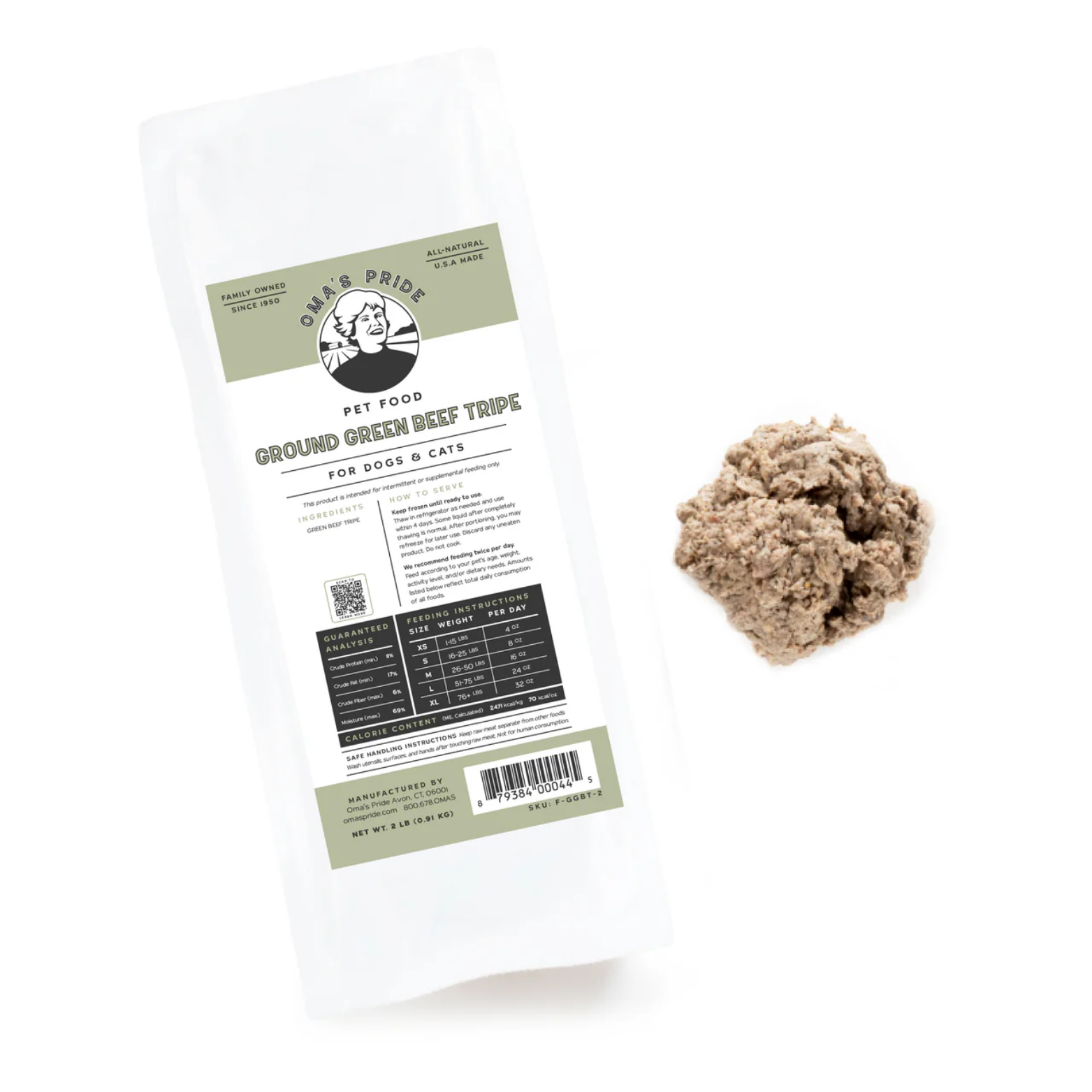 A package of Oma’s Pride Ground Green Beef Tripe raw frozen food for dogs and cats displayed on a white background with a portion of the ground tripe mixture beside it.