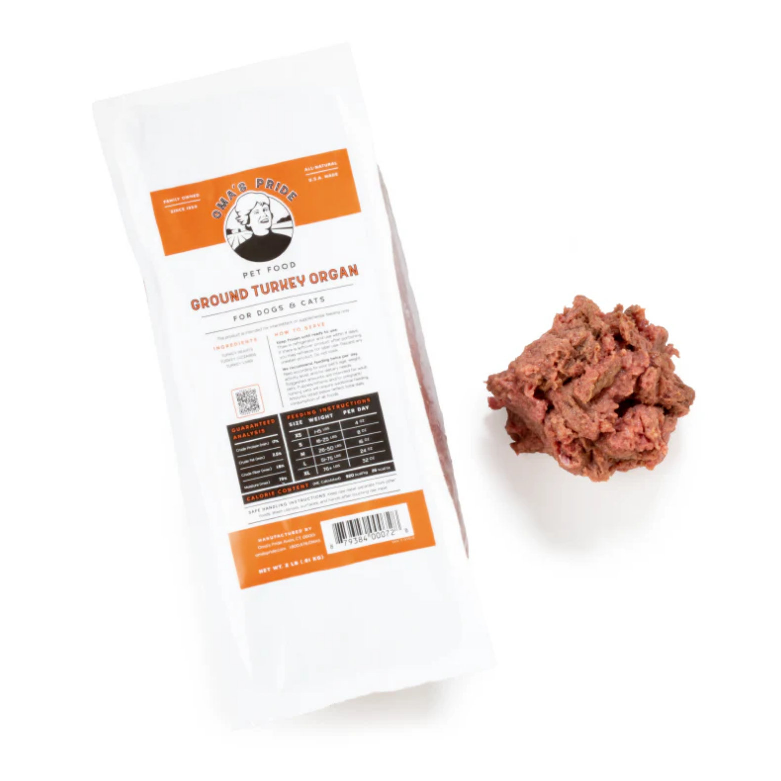 A package of Oma’s Pride Ground Turkey Organ raw frozen food for dogs and cats displayed on a white background with a portion of the ground turkey mixture beside it.