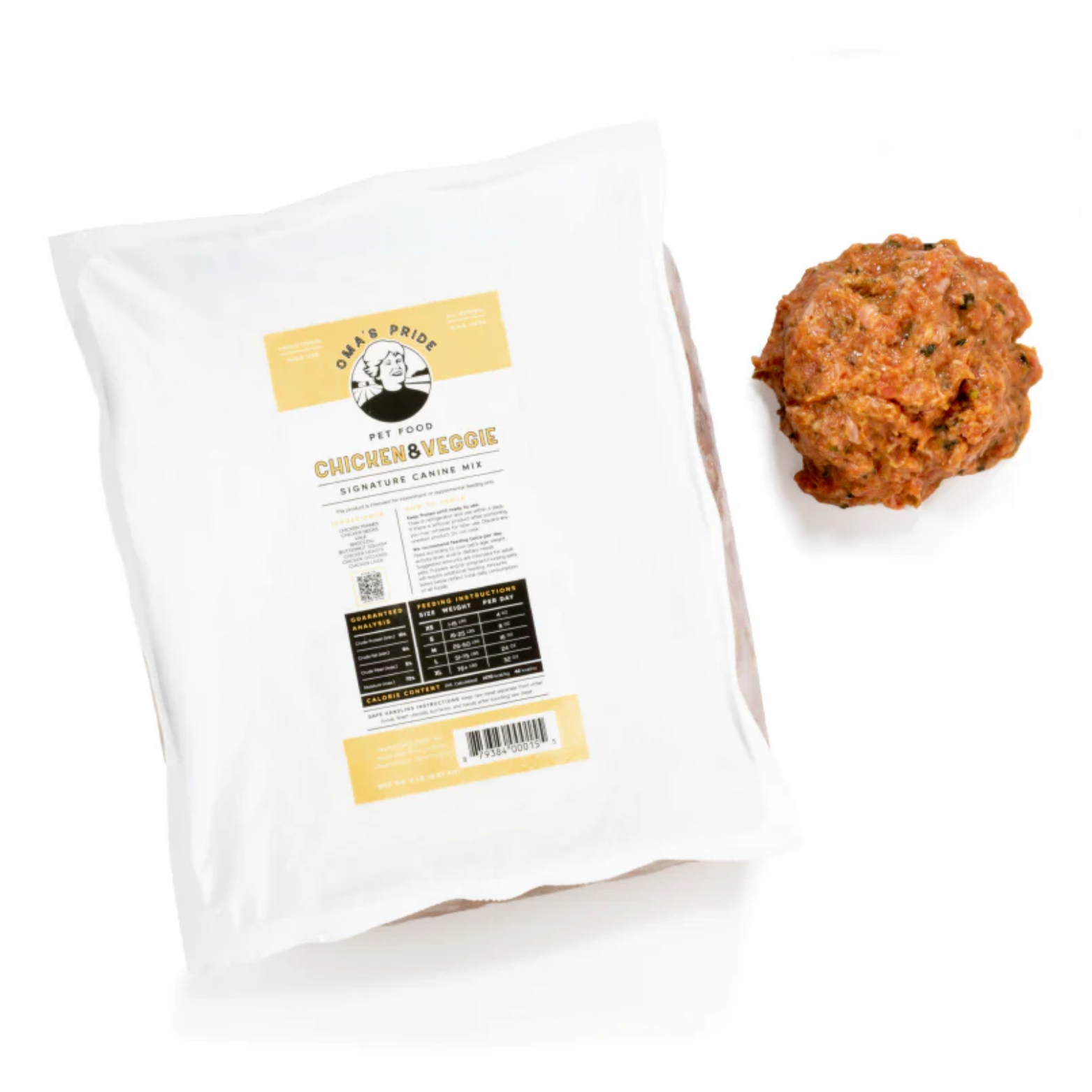 A bag of Oma’s Pride Chicken & Veggie Signature Canine Mix raw frozen dog food sits on a white background beside a portion of the ground food mixture.