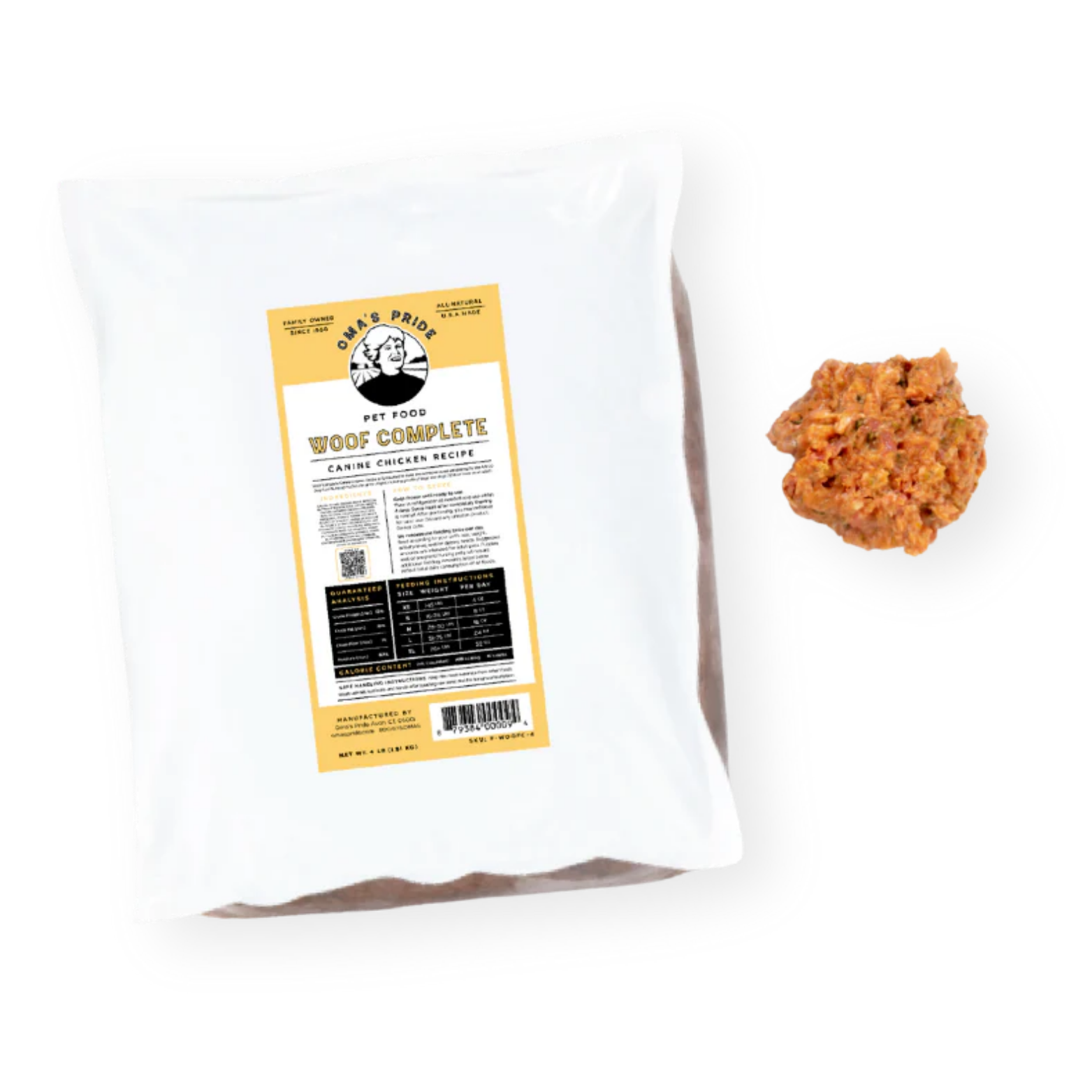 A frozen package of Oma’s Pride Woof Complete Canine Chicken Recipe dog food displayed on a black background with a portion of the raw mixture beside it.