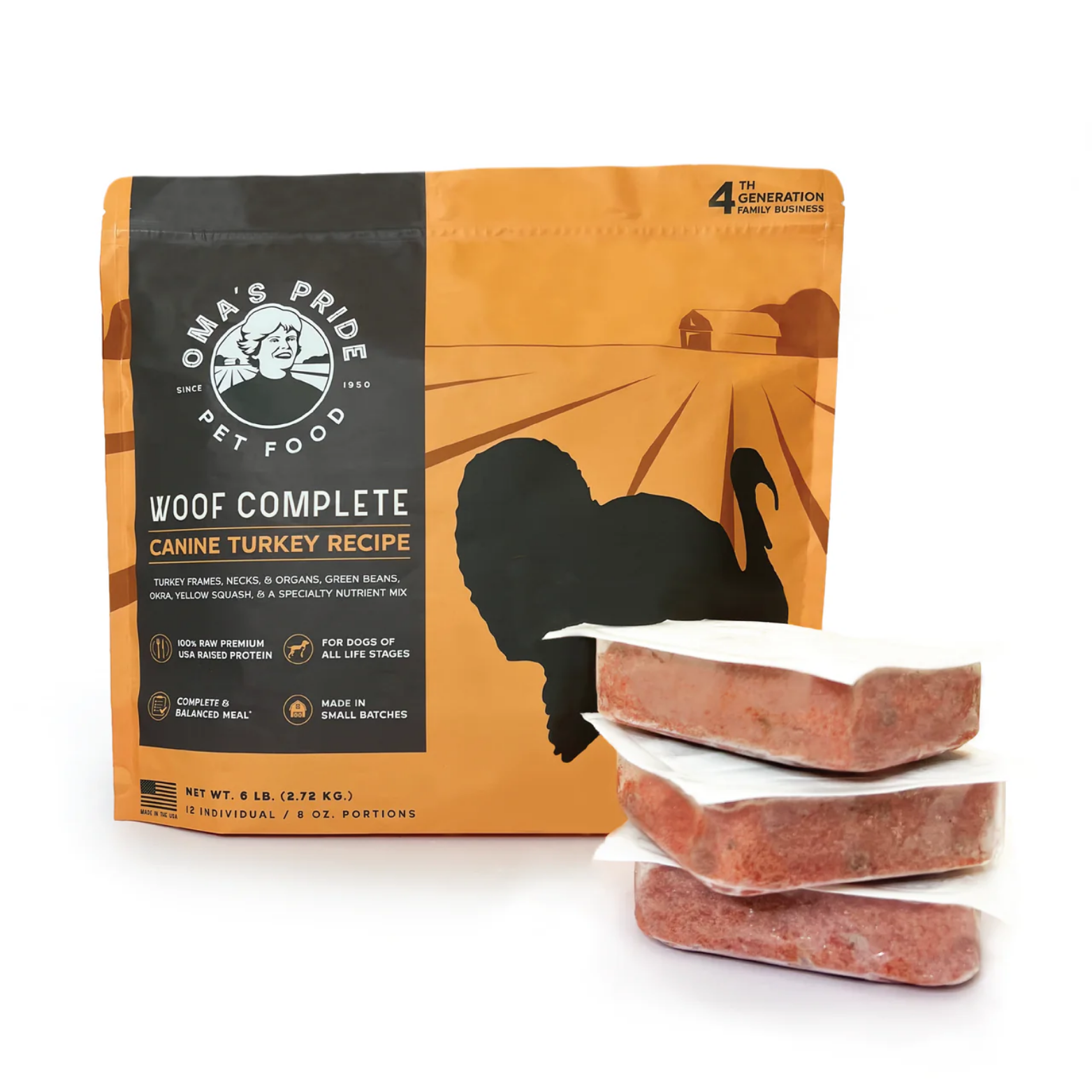 Orange and black “Oma’s Pride Woof Complete Canine Turkey Recipe” frozen dog food bag with a turkey silhouette on a farm background, displayed next to three stacked frozen raw food patties in white trays.