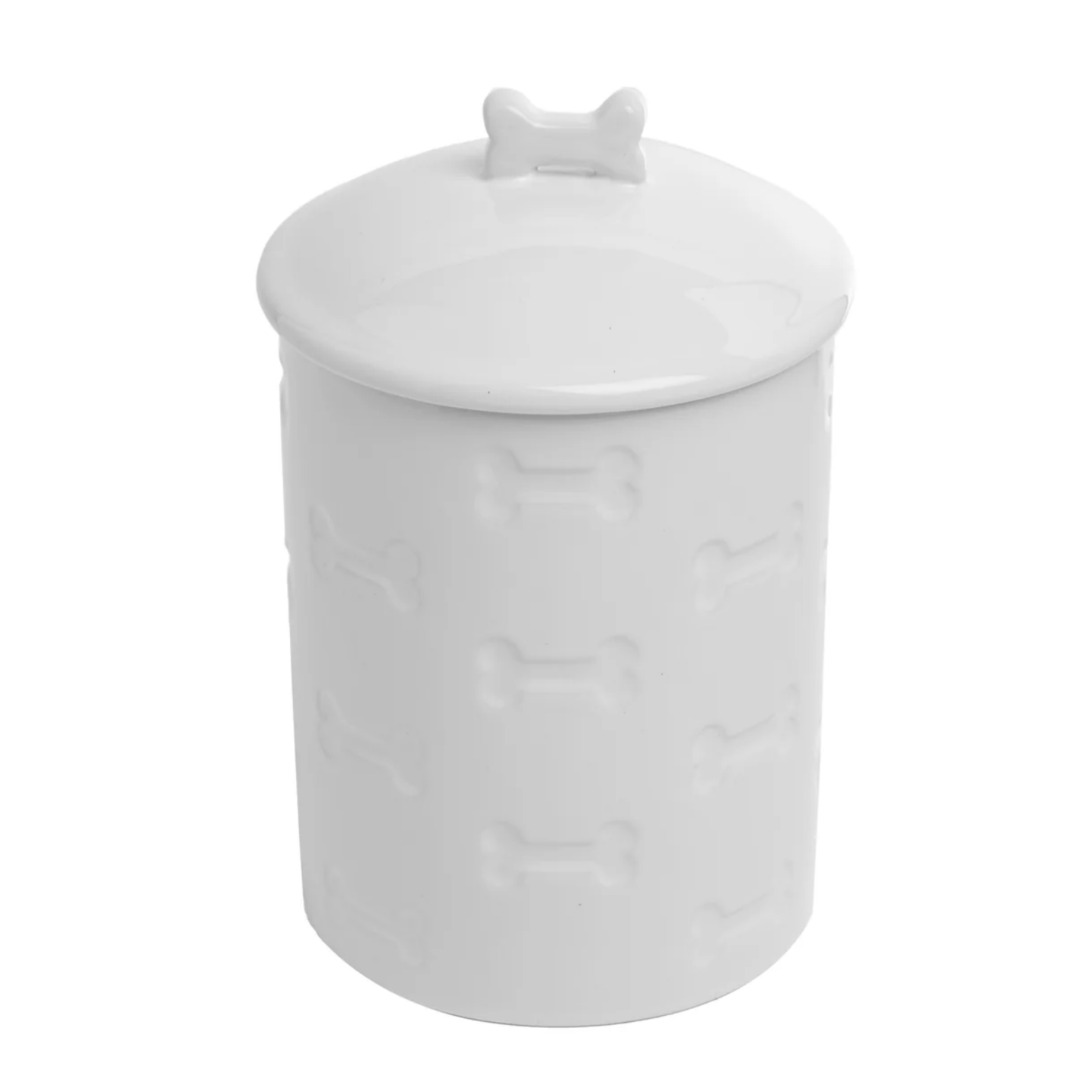 White ceramic pet treat jar with embossed bone patterns and a matching lid featuring a bone-shaped handle, shown against a white background.