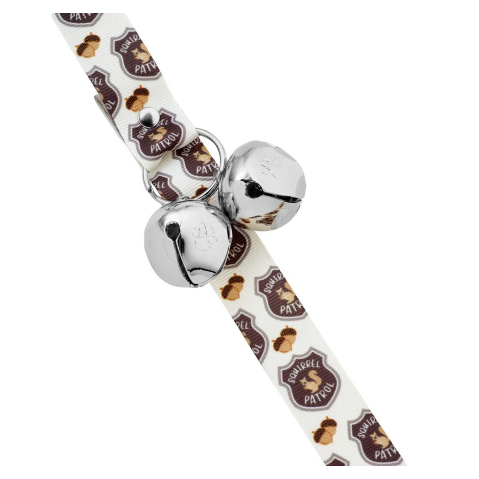 Close-up of a cream-colored dog doorbell strap with “Squirrel Patrol” badge designs and acorn illustrations, featuring two shiny silver jingle bells attached at the center of the strap.