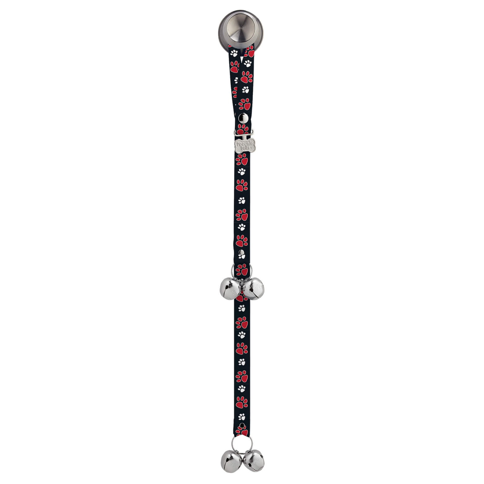 Black dog doorbell strap with red and white paw print pattern, featuring a silver push-button at the top, two sets of shiny metal jingle bells along the strap, and a small silver bone-shaped PoochieBells tag in the center