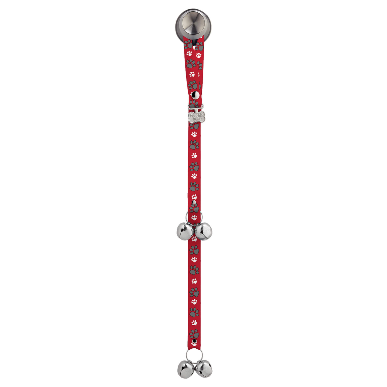 Red dog doorbell strap with gray and white paw print pattern, featuring a silver push-button at the top, two sets of shiny metal jingle bells along the strap, and a small silver bone-shaped PoochieBells tag near the center.