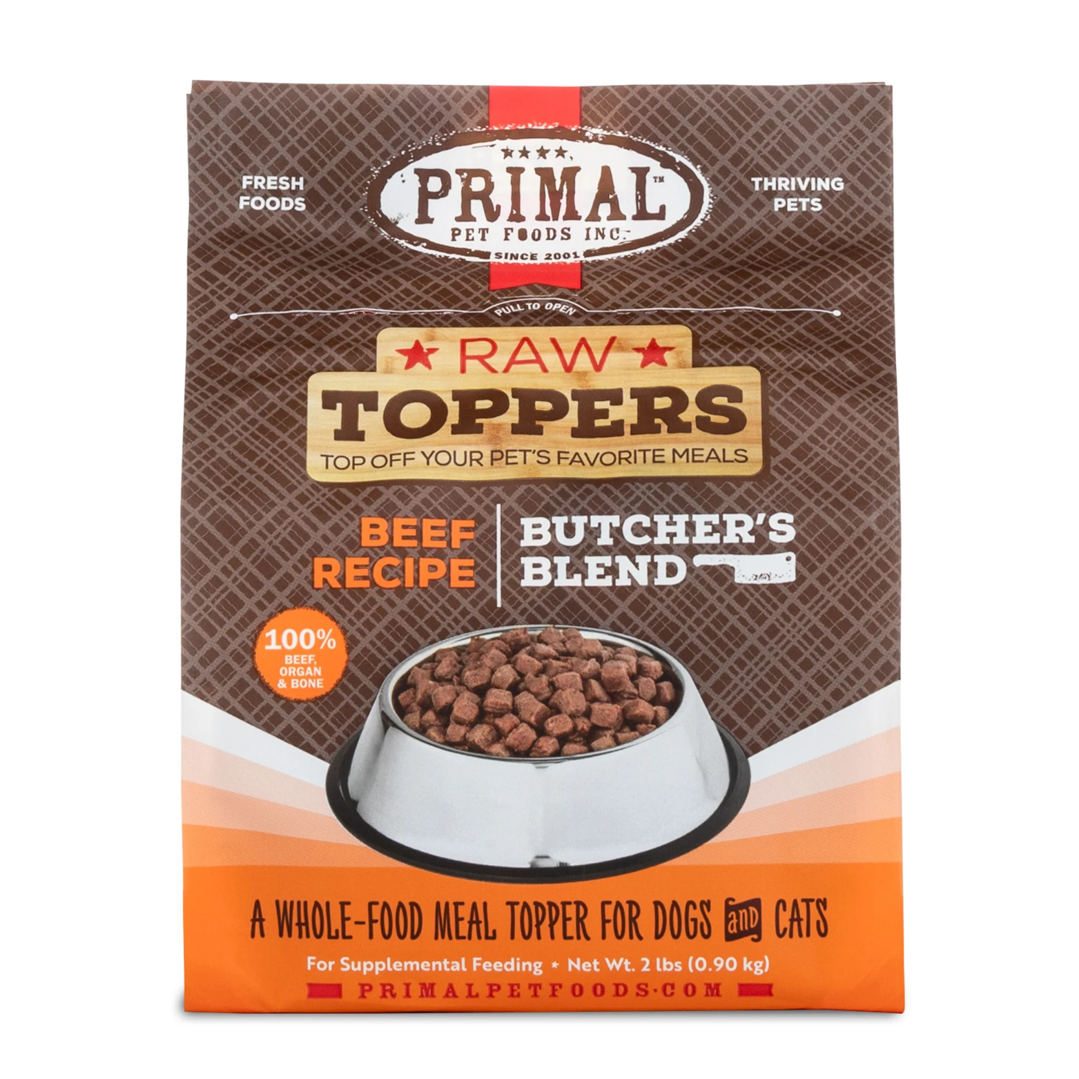 Front of a Primal Pet Foods Raw Toppers bag labeled “Beef Recipe Butcher’s Blend,” featuring a bowl filled with small cube-shaped raw food pieces. The packaging highlights 100% beef, organ, and bone and describes the product as a whole-food meal topper for dogs and cats, net weight 2 lb.