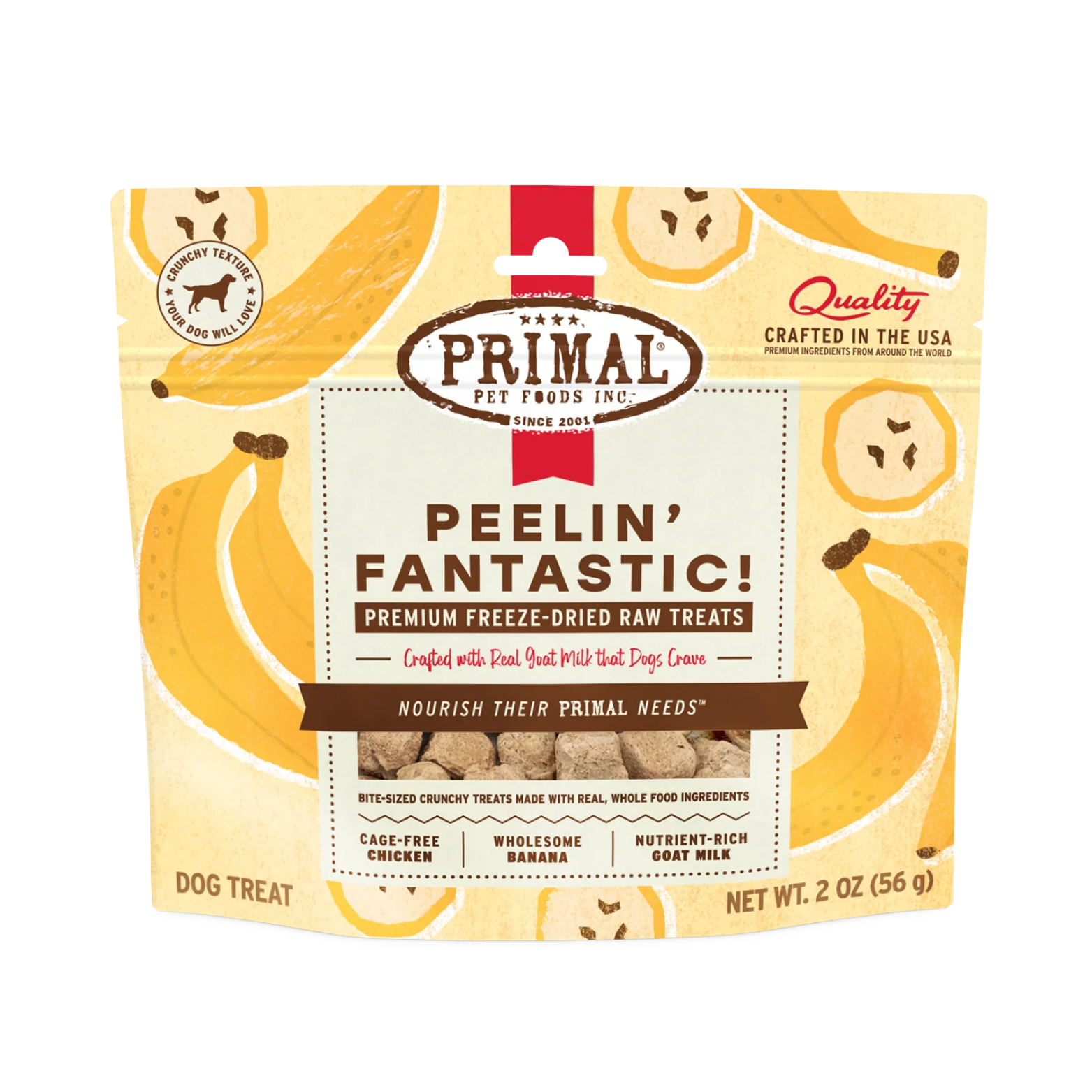 Front view of a 2 oz (56 g) bag of Primal Pet Foods "Peelin' Fantastic!" dog treats. The packaging features a yellow background with illustrations of whole and sliced bananas. The text indicates these are "Premium Freeze-Dried Raw Treats" made with cage-free chicken, wholesome banana, and nutrient-rich goat milk. A small circular seal shows a dog silhouette and the words "Crunchy Texture Your Dog Will Love."