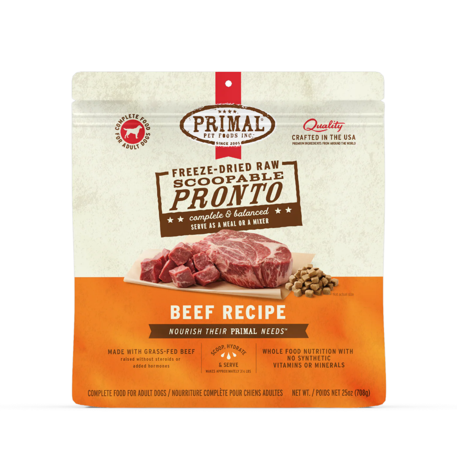 Front of a Primal Pet Foods freeze-dried raw scoopable Pronto dog food bag, Beef Recipe, showing raw beef steak and cubed beef pieces on parchment with small freeze-dried nuggets; labeled complete and balanced for adult dogs, 25-oz bag.
