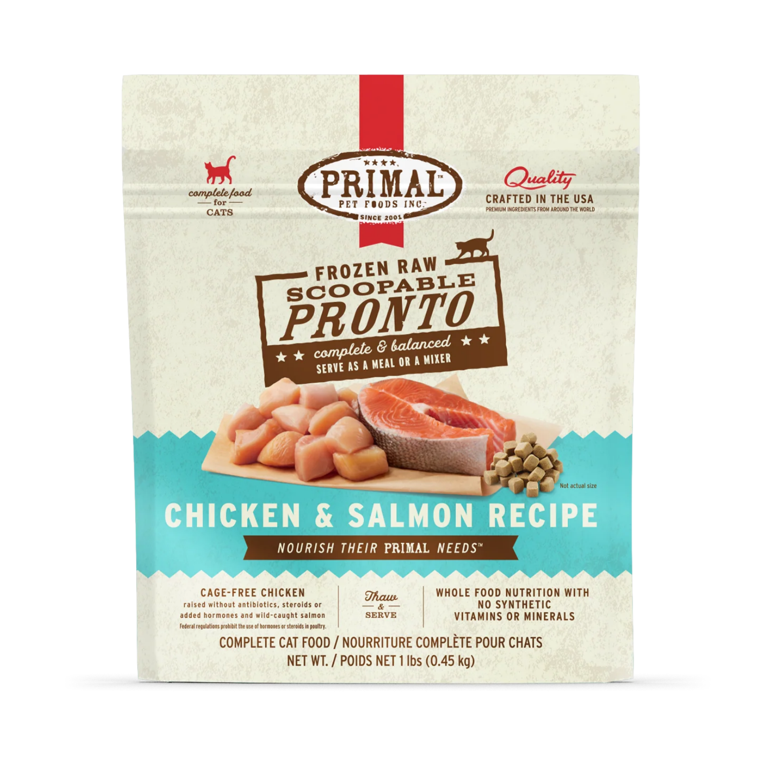 Front of a Primal Pet Foods Frozen Raw Scoopable Pronto Chicken & Salmon Recipe cat food package. The beige bag features a red vertical stripe and the Primal logo at the top. The center shows raw chicken pieces and a salmon fillet alongside small cube-shaped frozen food. Text highlights include “complete & balanced,” “serve as a meal or a mixer,” “cage-free chicken,” and “whole food nutrition with no synthetic vitamins or minerals.” Net weight is 1 lb (0.45 kg).