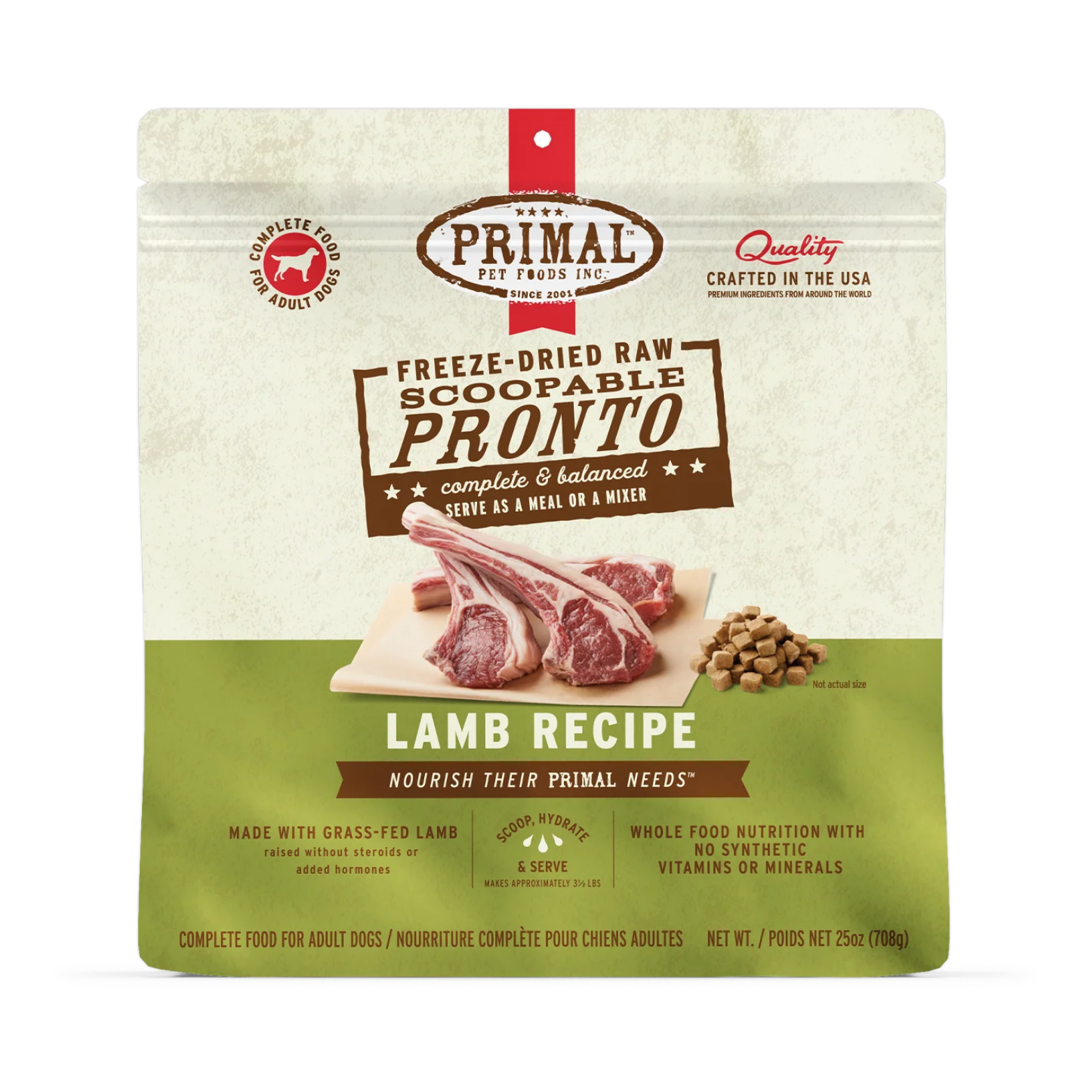Front of a Primal Pet Foods Freeze-Dried Raw Scoopable Pronto Lamb Recipe dog food bag. The packaging features the Primal logo at the top, images of raw lamb chops next to small freeze-dried cube pieces, and text stating “complete & balanced” and “serve as a meal or a mixer.” The green section highlights that the recipe is made with grass-fed lamb raised without steroids or added hormones and provides whole food nutrition with no synthetic vitamins or minerals. Net weight is 25 oz (708 g).