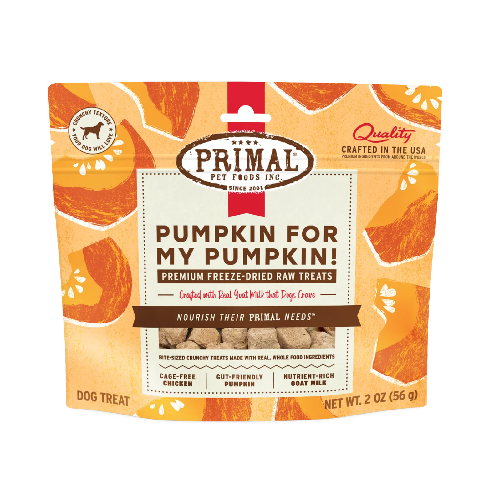 A front-facing view of a 2 oz (56 g) resealable bag of Primal "Pumpkin For My Pumpkin!" dog treats. The packaging features a warm orange and cream color scheme with stylized pumpkin illustrations. Key text highlights include "Premium Freeze-Dried Raw Treats," "Crafted with Real Goat Milk," and "Cage-Free Chicken." A small window at the bottom shows the bite-sized, square-shaped crunchy treats inside.