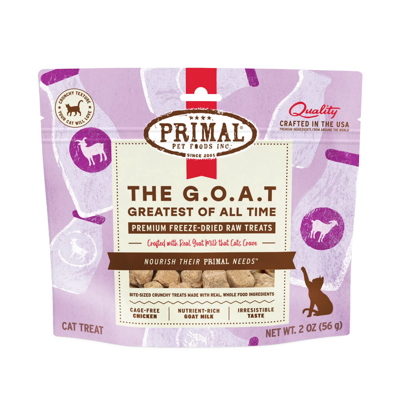 Front view of a 2 oz purple and white bag of Primal Pet Foods "The G.O.A.T" (Greatest of All Time) premium freeze-dried raw cat treats. The label highlights "Cage-Free Chicken" and "Nutrient-Rich Goat Milk." A small transparent window at the bottom shows bite-sized, square-shaped tan treats.