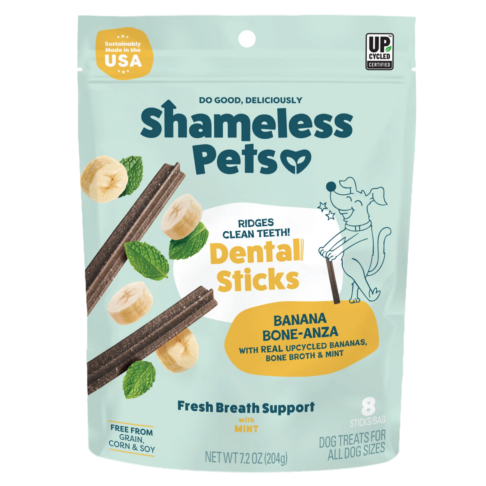 Light teal bag of Shameless Pets Dental Sticks labeled “Banana Bone-anza,” featuring ridged dental sticks with banana slices and mint leaves. Text highlights fresh breath support with mint, free from grain, corn, and soy, made in the USA, and suitable for all dog sizes.