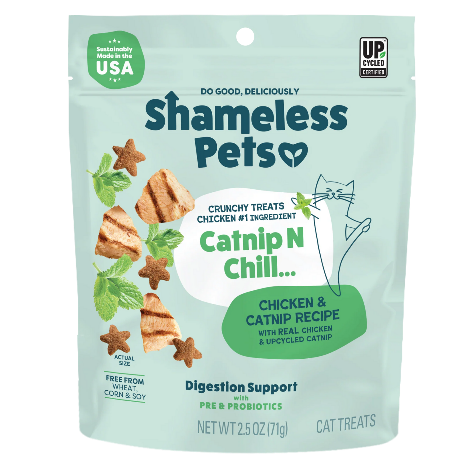 Front of a light green Shameless Pets cat treat bag labeled “Catnip N Chill.” The package shows grilled chicken pieces, star-shaped treats, and green catnip leaves. Text highlights crunchy treats with chicken as the #1 ingredient, digestion support with pre- and probiotics, and that the treats are free from wheat, corn, and soy. Badges indicate sustainably made in the USA and upcycled certified.