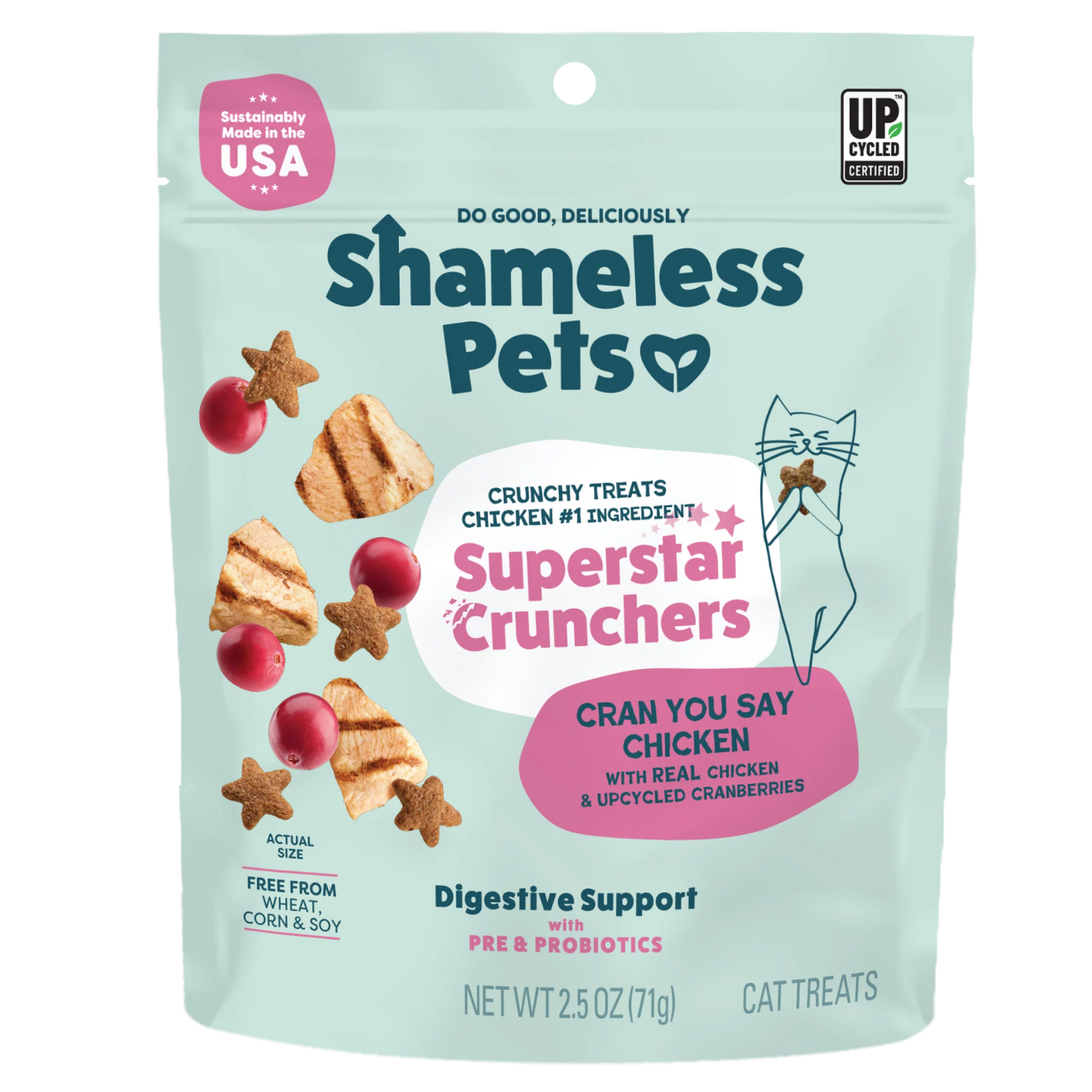Mint-green bag of Shameless Pets “Superstar Crunchers” cat treats. The package shows chicken pieces, cranberries, and star-shaped treats, with text highlighting chicken as the #1 ingredient, digestive support with pre- and probiotics, and sustainably made in the USA.