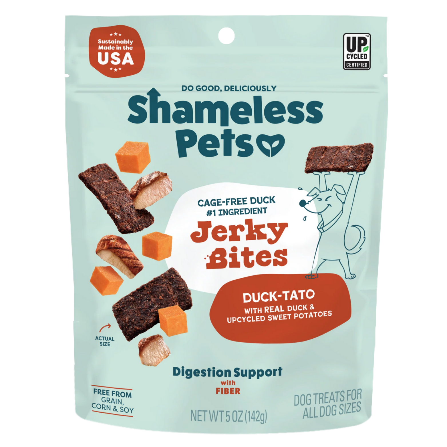 Front of a Shameless Pets “Jerky Bites” dog treats bag labeled “Duck-Tato,” showing duck jerky pieces and orange sweet potato cubes, with text noting cage-free duck as the #1 ingredient and digestion support with fiber.