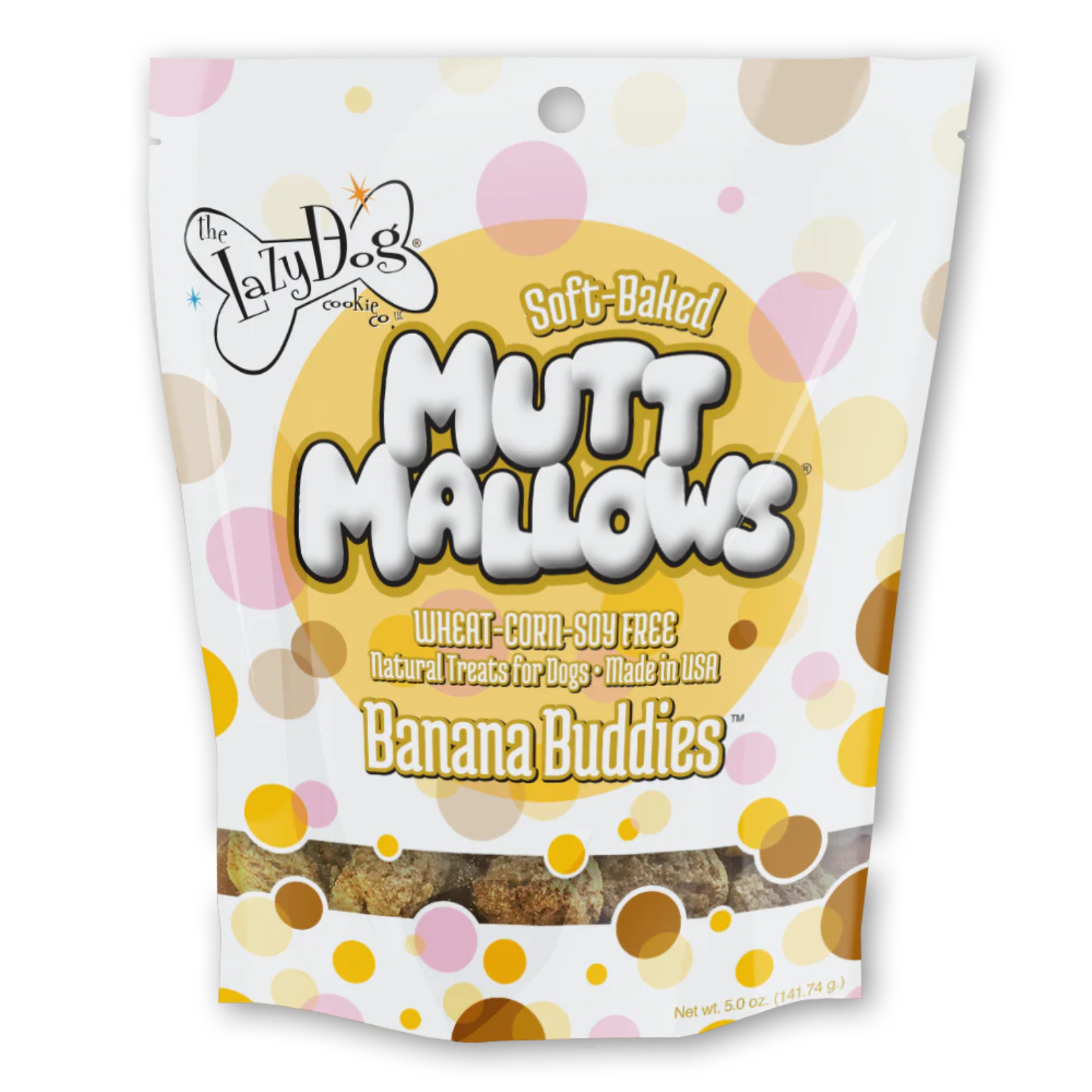 Front of a white stand-up pouch of The Lazy Dog Cookie Co. Soft-Baked Mutt Mallows dog treats labeled “Banana Buddies,” with yellow polka dots and a clear window showing round, soft treats inside.